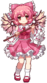 1girl animal_ears ascot bird_ears bird_wings collar cosplay detached_sleeves earrings frilled_skirt frills game_cg gohei hair_ribbon hakurei_reimu hakurei_reimu_(cosplay) holding holding_gohei jewelry kumio lowres mary_janes medium_hair mystia_lorelei pink_hair pink_ribbon pink_shirt pink_skirt red_ascot red_footwear ribbon shirt shoes single_earring skirt sleeveless sleeveless_shirt socks tachi-e third-party_source touhou touhou_mystia&#039;s_izakaya white_collar white_sleeves white_socks wings