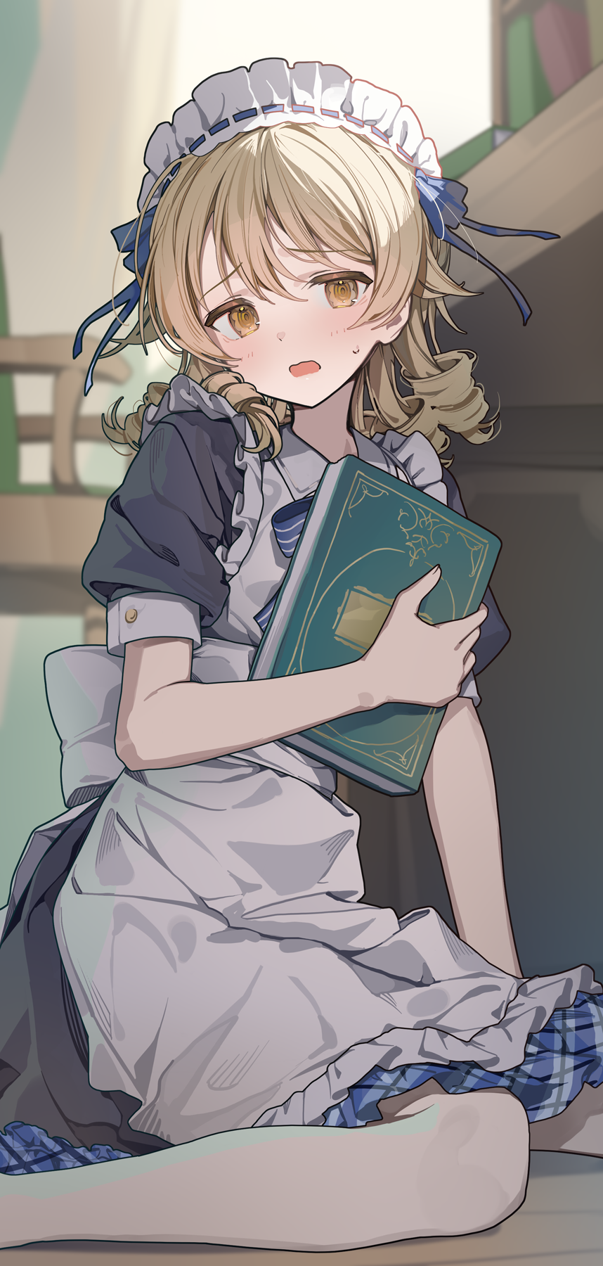 1girl apron black_dress blue_eyes blurry blurry_background blush book brown_eyes brown_hair chair dress drill_hair frilled_apron frills highres holding holding_book idolmaster idolmaster_cinderella_girls indoors looking_at_viewer maid_apron maid_headdress morikubo_nono ningen_mame on_floor puffy_short_sleeves puffy_sleeves quad_drills short_sleeves sitting solo sweat white_apron white_headdress