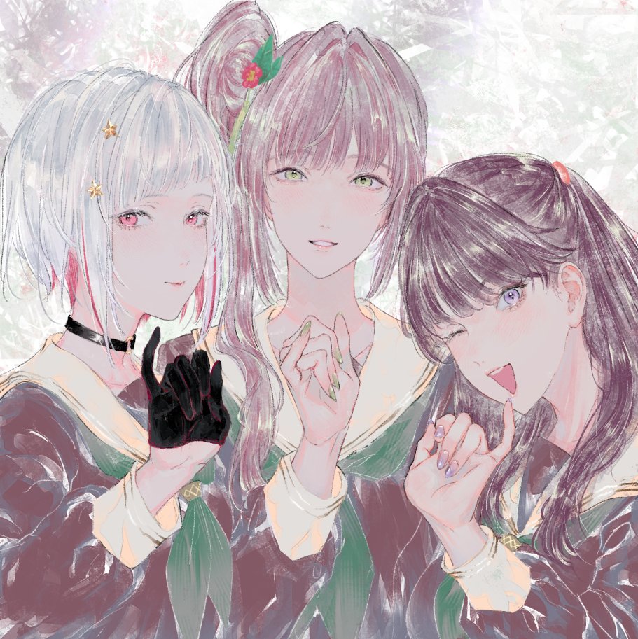 3girls ;d bob_cut brown_dress brown_hair check_commentary closed_mouth commentary_request diagonal_bangs dress flower fujishima_megumi green_eyes green_neckerchief grin hair_flower hair_intakes hair_ornament hasu_no_sora_school_uniform inverted_bob link!_like!_love_live! long_hair long_sleeves looking_at_viewer love_live! multiple_girls neckerchief one_eye_closed open_mouth otomune_kozue pinky_out purple_eyes purple_hair red_flower red_hair sailor_collar sailor_dress school_uniform short_hair smile star_(symbol) star_hair_ornament tassel tassel_hair_ornament teeth two_side_up upper_body upper_teeth_only virtual_youtuber white_hair white_sailor_collar winter_uniform yoruneko_yashiro yugiri_tsuzuri