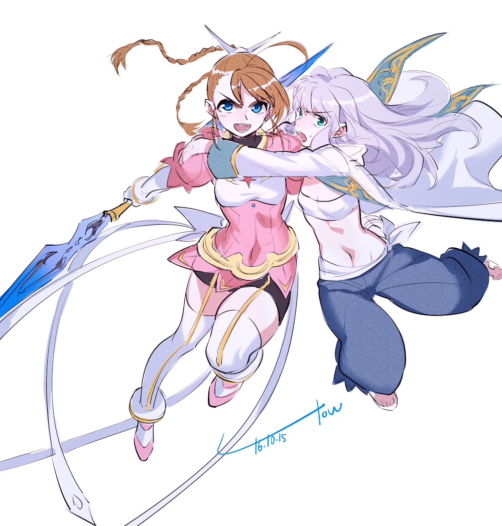 2girls ahoge arika_yumemiya dated full_body jumping mashiro_blan_de_windbloom multiple_girls my-otome thighhighs towtow_redoland v-shaped_eyebrows white_background white_legwear