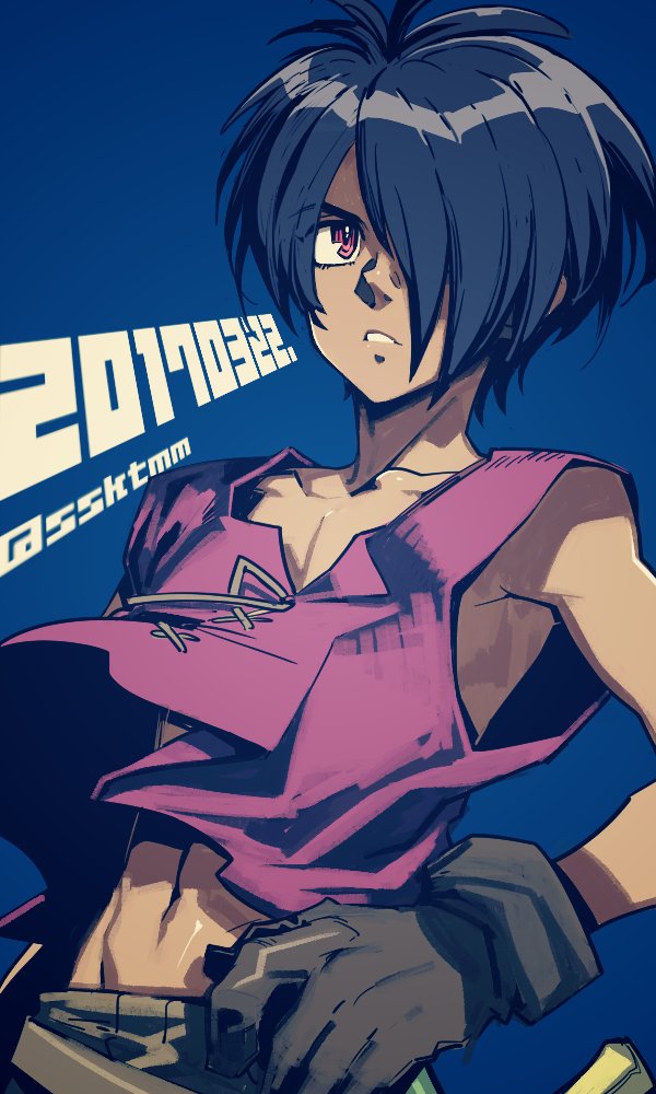 1boy black_hair brown_eyes collarbone dated gloves hair_over_one_eye looking_at_viewer male_focus navel retro_artstyle sasaki_tomomi short_hair simple_background sleeveless solo tenkuu_no_escaflowne van_fanel