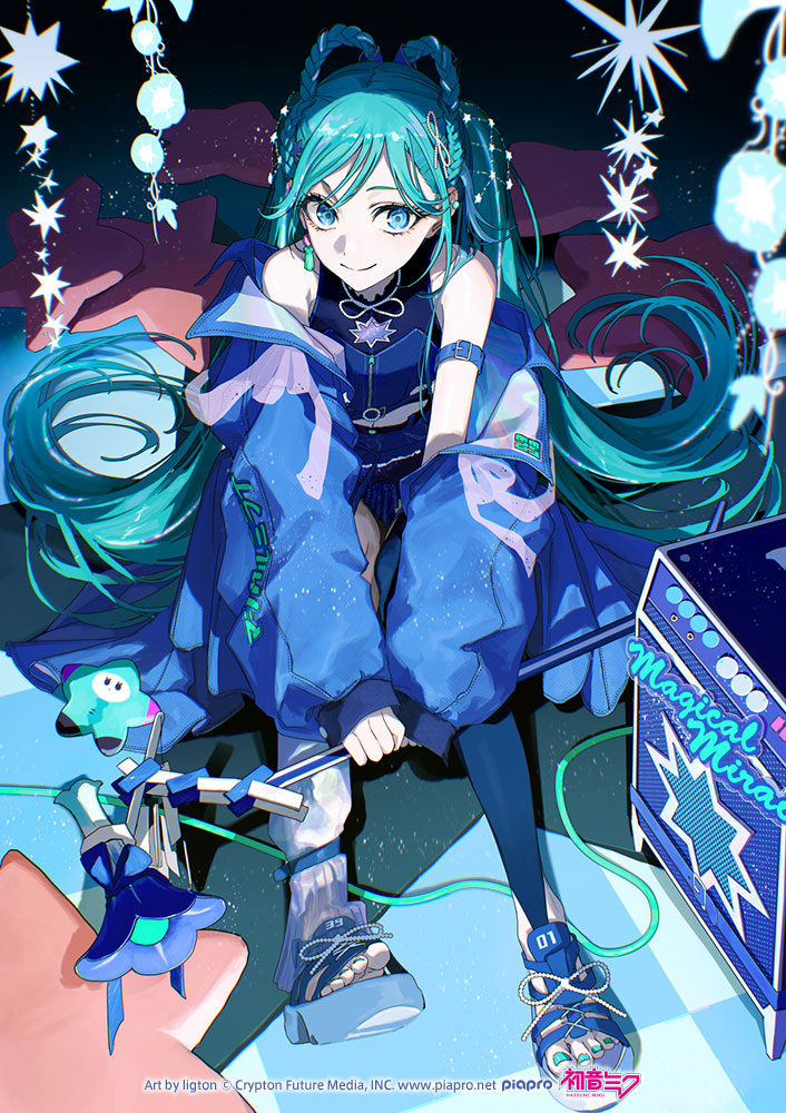 1girl amplifier aqua_hair aqua_nails artist_name blue_eyes blue_jacket blue_shirt blue_shoes blue_thighhighs blurry braid braided_hair_rings closed_mouth commentary_request copyright_notice cushion depth_of_field earrings hair_ornament hair_rings hatsune_miku holding jacket jewelry ligton1225 logo long_sleeves looking_at_viewer magical_mirai_(vocaloid) magical_mirai_miku magical_mirai_miku_(2025) official_art puffy_long_sleeves puffy_sleeves second-party_source shirt shoes single_earring single_thighhigh sitting sleeveless sleeveless_shirt smile solo star_(symbol) star_hair_ornament tassel tassel_earrings thighhighs toenails toes twintails vocaloid