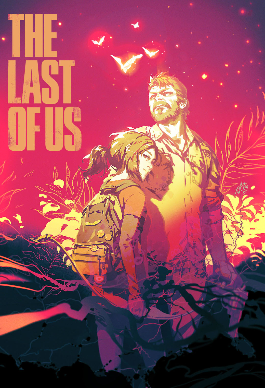 1boy 1girl backpack bag bear bow_(weapon) collared_shirt commentary cowboy_shot ellie_(the_last_of_us) english_commentary facial_hair fireflies gun handgun highres holding holding_bow_(weapon) holding_gun holding_weapon joel_(the_last_of_us) long_hair long_sleeves mature_male parted_bangs ponytail shirt shirt_under_shirt short_hair short_sleeves sleeves_rolled_up the_last_of_us_(series) toni_infante weapon