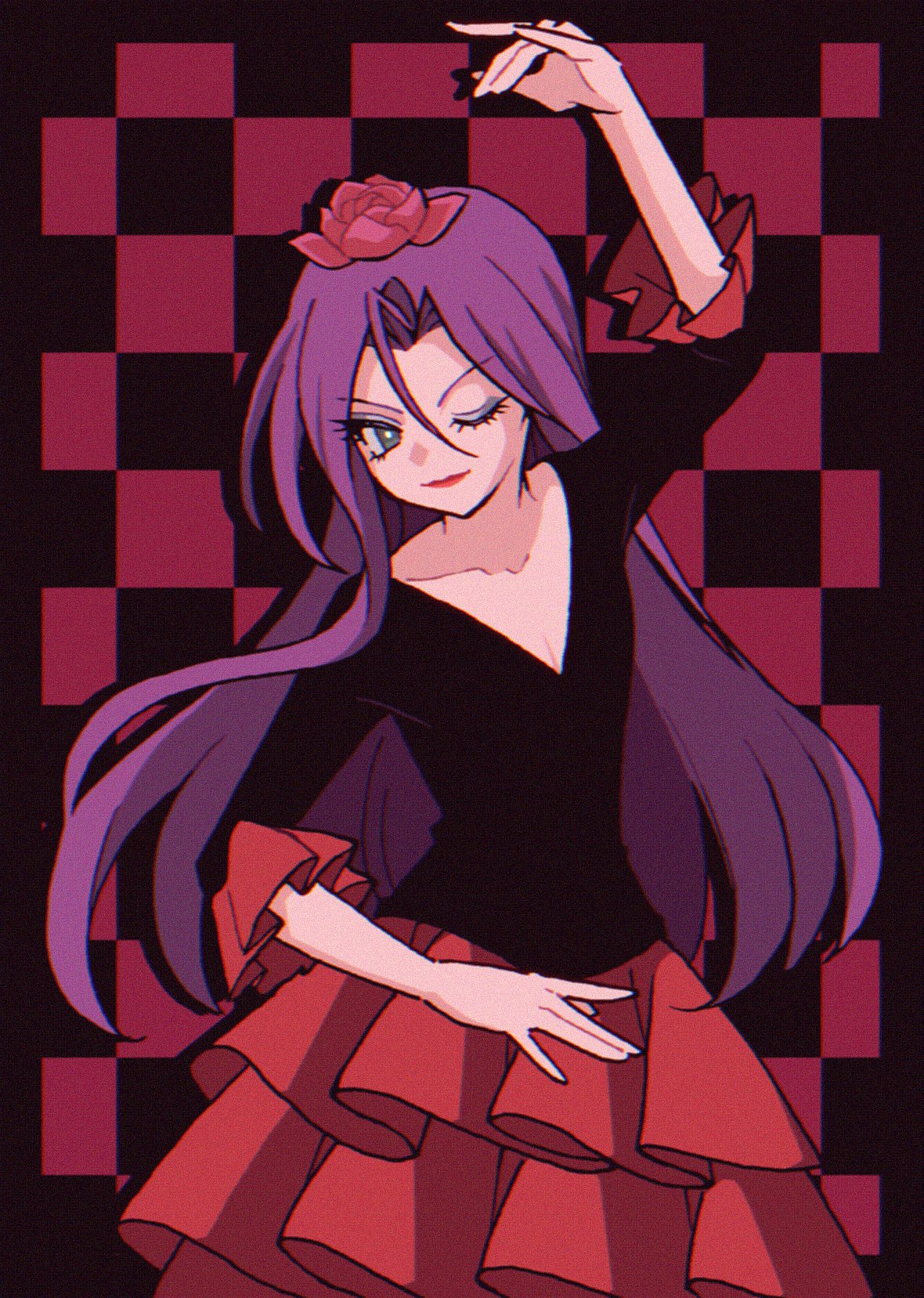 1boy crossdressing flamenco flamenco_dress flower green_eyes hair_ornament highres james_(pokemon) lipstick macchiromomomo makeup nintendo one_eye_closed pokemon pokemon_(anime) pokemon_(classic_anime) purple_hair team_rocket trap