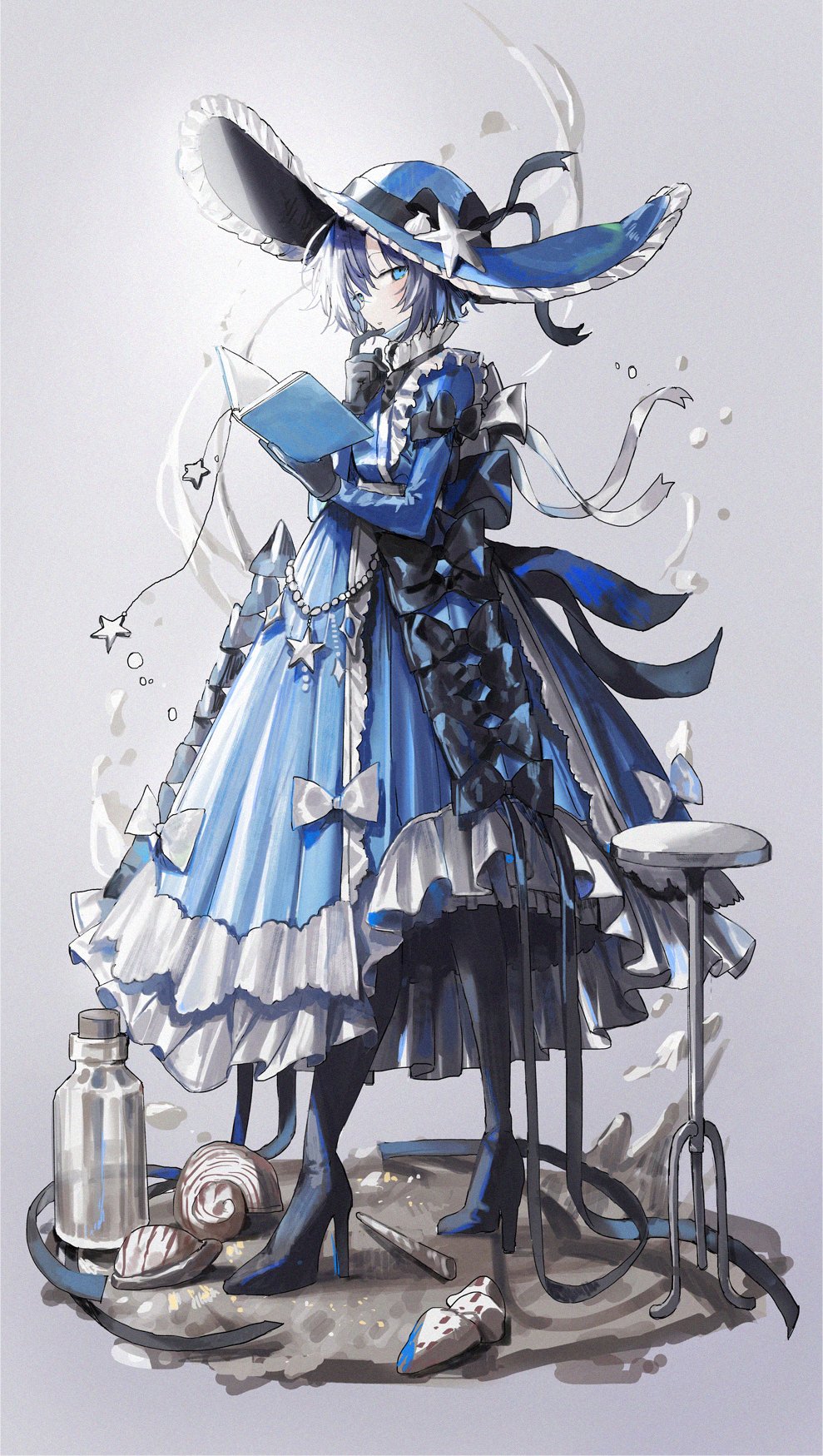1girl black_boots black_bow black_gloves black_ribbon blue_eyes blue_hair blue_hat blush book boots bow chair collar commentary dress empty_bottle frilled_collar frilled_dress frilled_hat frills full_body gloves grey_background hair_between_eyes hat hat_ornament hat_ribbon highres holding holding_book long_sleeves looking_at_viewer nana_tetra open_book original parted_lips ribbon shell_hat_ornament short_hair simple_background solo standing star_(symbol) star_hat_ornament star_ornament symbol-only_commentary thigh_boots white_bow white_ribbon