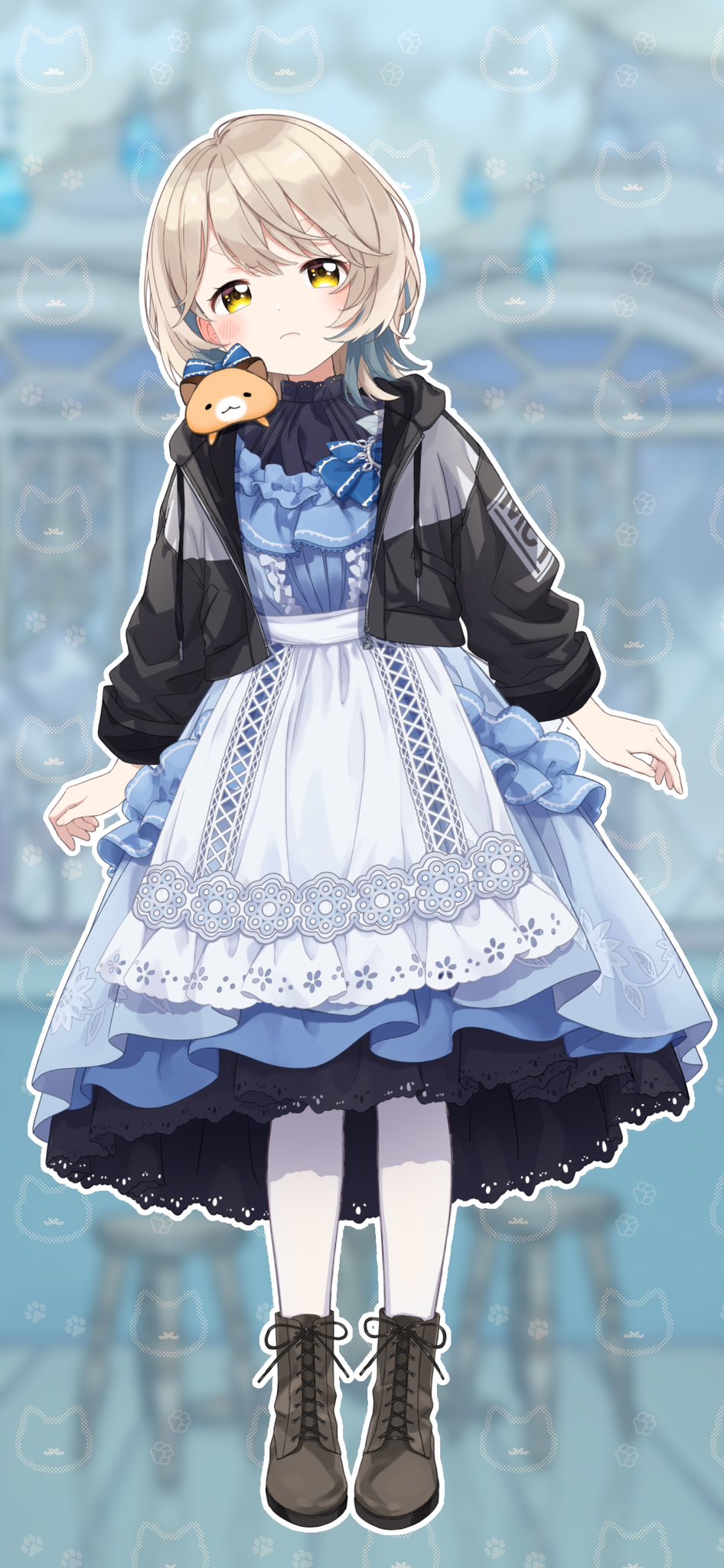 1girl :c ankle_boots apron black_jacket blue_bow blue_dress blue_hair blurry blurry_background blush boots bow brown_boots closed_mouth colored_inner_hair cropped_jacket drawstring dress dress_bow eyelashes fingernails frilled_dress frills frown full_body gonzalez_(machita_chima) hamster hamster_on_shoulder highres hood hood_down hooded_jacket jacket kurihara_sakura lace lace-trimmed_apron lace-trimmed_dress lace-up_boots lace_trim layered_dress leaning_to_the_side light_brown_hair long_sleeves machita_chima machita_chima_(6th_costume) maid maid_apron medium_hair multicolored_hair nijisanji official_alternate_costume official_alternate_hairstyle official_art open_clothes open_jacket outline pantyhose pigeon-toed second-party_source short_eyebrows solo standing swept_bangs thick_eyebrows virtual_youtuber waist_apron white_apron white_outline white_pantyhose yellow_eyes