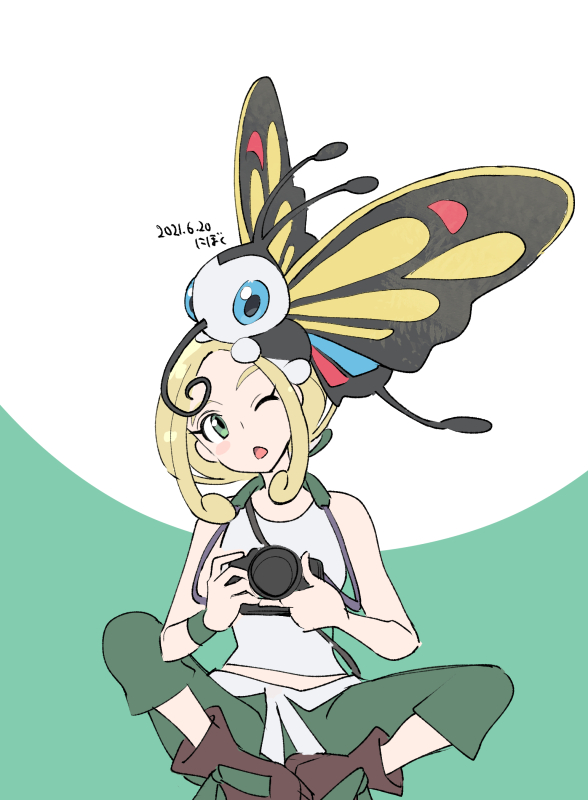 1girl ankle_boots bare_arms beautifly belt blonde_hair blush boots brown_footwear camera commentary_request dated eyelashes gen_3_pokemon green_eyes green_pants gym_leader holding holding_camera looking_up nibo_(att_130) nintendo on_head one_eye_closed open_mouth pants pokemon pokemon_(creature) pokemon_on_head pokemon_xy shirt sleeveless sleeveless_shirt two-tone_background viola_(pokemon) white_belt white_shirt wristband