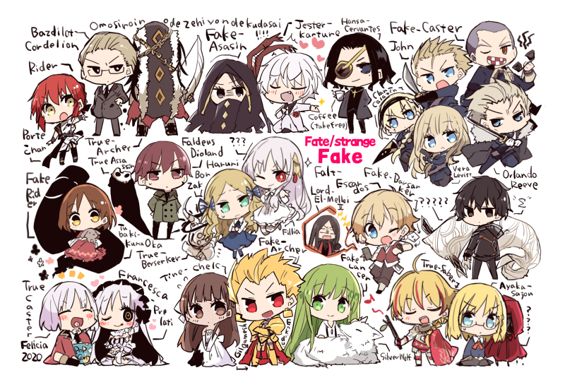 2020 3others 6+boys 6+girls ;q ? ?? ahoge alcides_(fate) alexandre_dumas_(fate) ancient_greek_clothes animal armor artist_name bazdilot_cordelion black_bow black_cloak black_eyes black_hair black_hairband black_jacket black_necktie black_pants blonde_hair blue_bow blue_eyes blue_jacket blue_skirt blush bow bow_(weapon) braid branch brown_eyes brown_hair brown_pants brown_vest buttons cape cellphone chain character_name character_request chibi child cloak closed_eyes closed_mouth collared_shirt commentary_request copyright_name covered_face creature cross cross_necklace crossed_arms cup dark-skinned_female dark-skinned_male dark_skin detached_sleeves dress earrings eating elbow_gloves english_text enkidu_(fate) eyepatch faldeus_dioland fang fate/strange_fake fate_(series) fillia_(fate) flat_escardos flower flying_sweatdrops forehead formal_clothes francesca_prelati_(fate) francois_prelati_(fate) french_braid fur-trimmed_jacket fur_trim gilgamesh_(fate) glasses gloves gold_armor greco-roman_clothes green_eyes green_hair grey_hair grey_jacket grey_pants grey_suit gun hair_between_eyes hair_bow hair_ribbon hairband hand_in_pocket hands_on_own_hips hansa_cervantes haruri_borzak headpat heart heracles_(fate) hippolyta_(fate) holding holding_bow_(weapon) holding_branch holding_cup holding_gun holding_phone holding_polearm holding_stuffed_toy holding_sword holding_weapon hood hood_down hood_up hooded_cloak hooded_jacket huwawa_(fate) jack_the_ripper_(fate/strange_fake) jacket jacket_on_shoulders jester_karture jewelry john_wingard katana knight kuruoka_tsubaki latin_cross long_hair looking_at_another lord_el-melloi_ii mask monster mug multicolored_hair multiple_boys multiple_girls multiple_others musical_note necklace necktie no_name_assassin_(fate) on_one_knee one_eye_closed one_eye_covered open_clothes open_mouth orlando_reeve own_hands_together pants phone pointy_hair polearm red_cape red_dress red_eyes red_flower red_hair red_jacket red_rose red_scarf ribbon richard_i_(fate) rose sajou_ayaka_(fate/prototype) sajou_ayaka_(fate/strange_fake) scarf shadow shio_kuzumochi shirt short_hair sigma_(fate) simple_background sitting skirt skull_mask smile spear strapless strapless_dress streaked_hair stuffed_animal stuffed_rabbit stuffed_toy suit sweatdrop sword teeth tine_chelc tongue tongue_out true_assassin_(fate/strange_fake) two-tone_hair upper_teeth_only vera_levitt vest watch watcher_(fate) waver_velvet weapon white_background white_dress white_gloves white_hair white_necktie white_pants white_ribbon white_shirt white_suit wolf wolf_(fate) wristwatch yellow_eyes