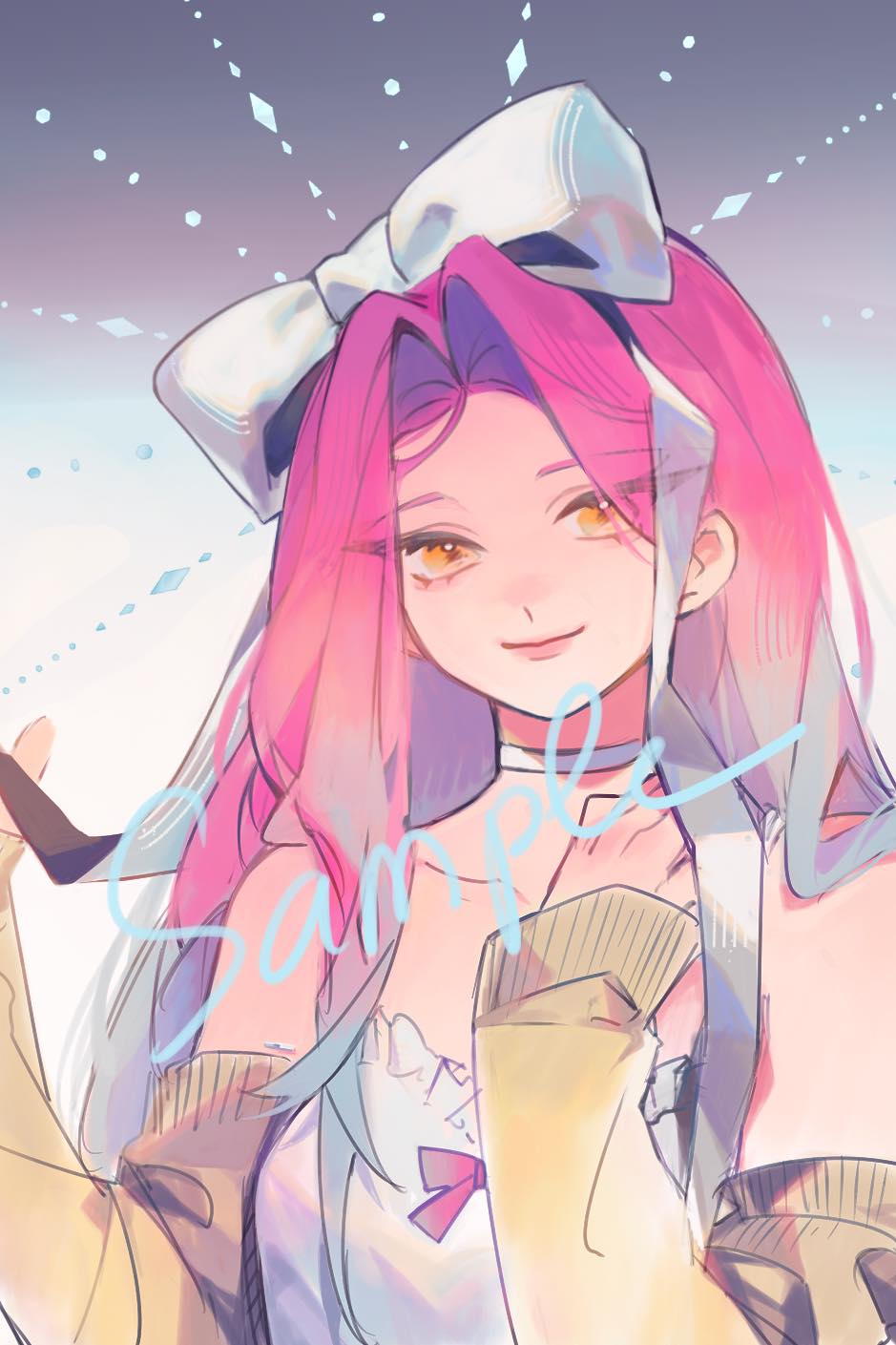 1girl alien_stage alternate_costume bare_shoulders blue_hair bow choker closed_mouth commentary_request detached_sleeves gradient_background gradient_hair grey_background hair_bow hand_in_own_hair hand_on_own_shoulder highres long_hair looking_at_viewer miihanatochan mizi_(alien_stage) multicolored_hair pink_hair sample_watermark sleeves_past_wrists smile solo tank_top two-tone_hair upper_body vietnamese_commentary watermark white_bow white_choker white_tank_top yellow_eyes yellow_sleeves