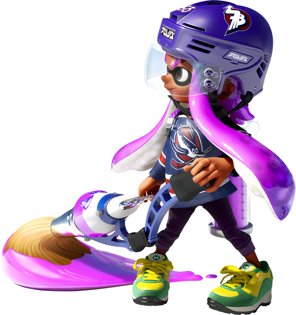 1girl 3d blue_shirt brown_eyes eye_mask full_body gradient_hair green_shoes helmet hockey_helmet holding holding_weapon ink_tank_(splatoon) inkbrush_(splatoon) inkling inkling_girl inkling_player_character kelpshot_(splatoon) long_hair long_sleeves looking_ahead multicolored_hair nintendo official_art pants pink_hair purple_helmet purple_pants shirt shoes short_eyebrows short_hair_with_long_locks sidelocks smile sneakers solo splatoon_(series) splatoon_2 spotted_hair standing suction_cups tan tentacle_hair thick_eyebrows transparent_background two-tone_hair v-shaped_eyebrows weapon