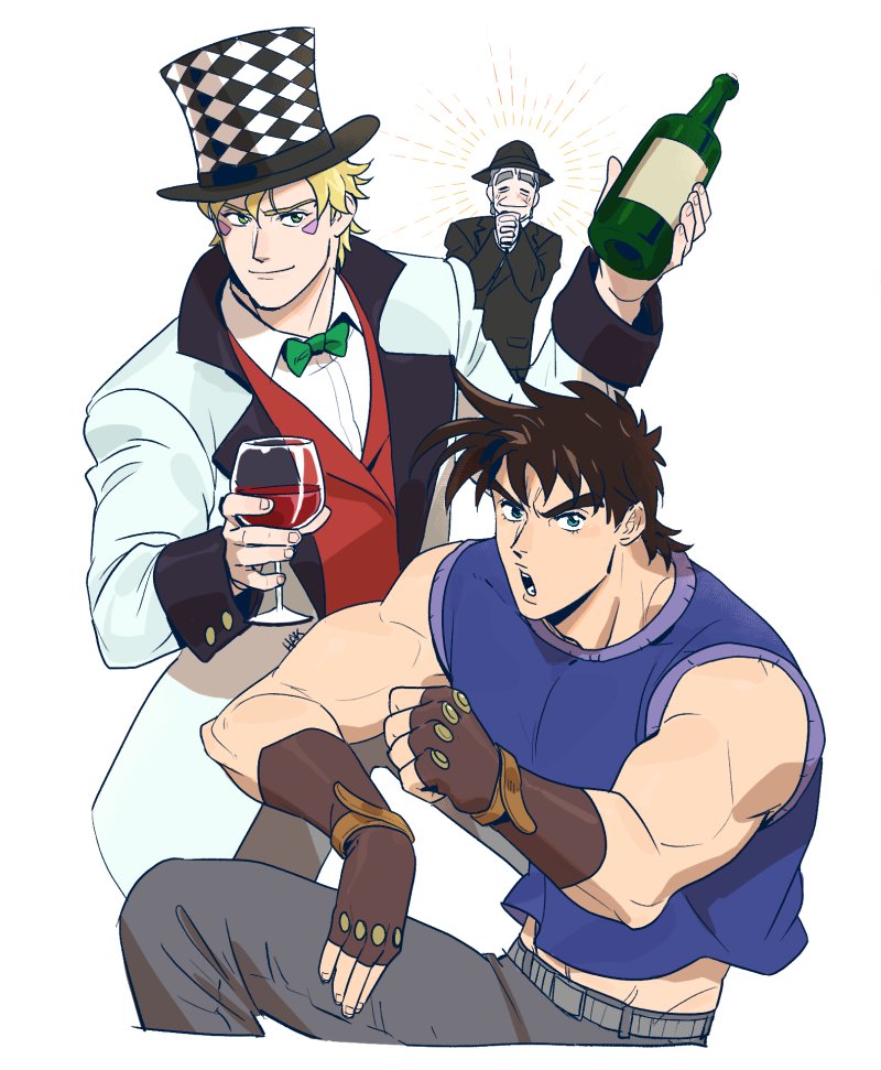 3boys bare_shoulders battle_tendency blonde_hair bottle bow bowtie brown_hair caesar_anthonio_zeppeli cosplay costume_switch cup drinking_glass facial_mark fighting_stance fingerless_gloves formal_clothes gloves glowing hakmonss hat holding holding_bottle jojo_no_kimyou_na_bouken jonathan_joestar jonathan_joestar_(cosplay) joseph_joestar joseph_joestar_(young) male_focus midriff_peek multiple_boys robert_e._o._speedwagon suit top_hat white_suit will_anthonio_zeppeli will_anthonio_zeppeli_(cosplay) wine_bottle wine_glass