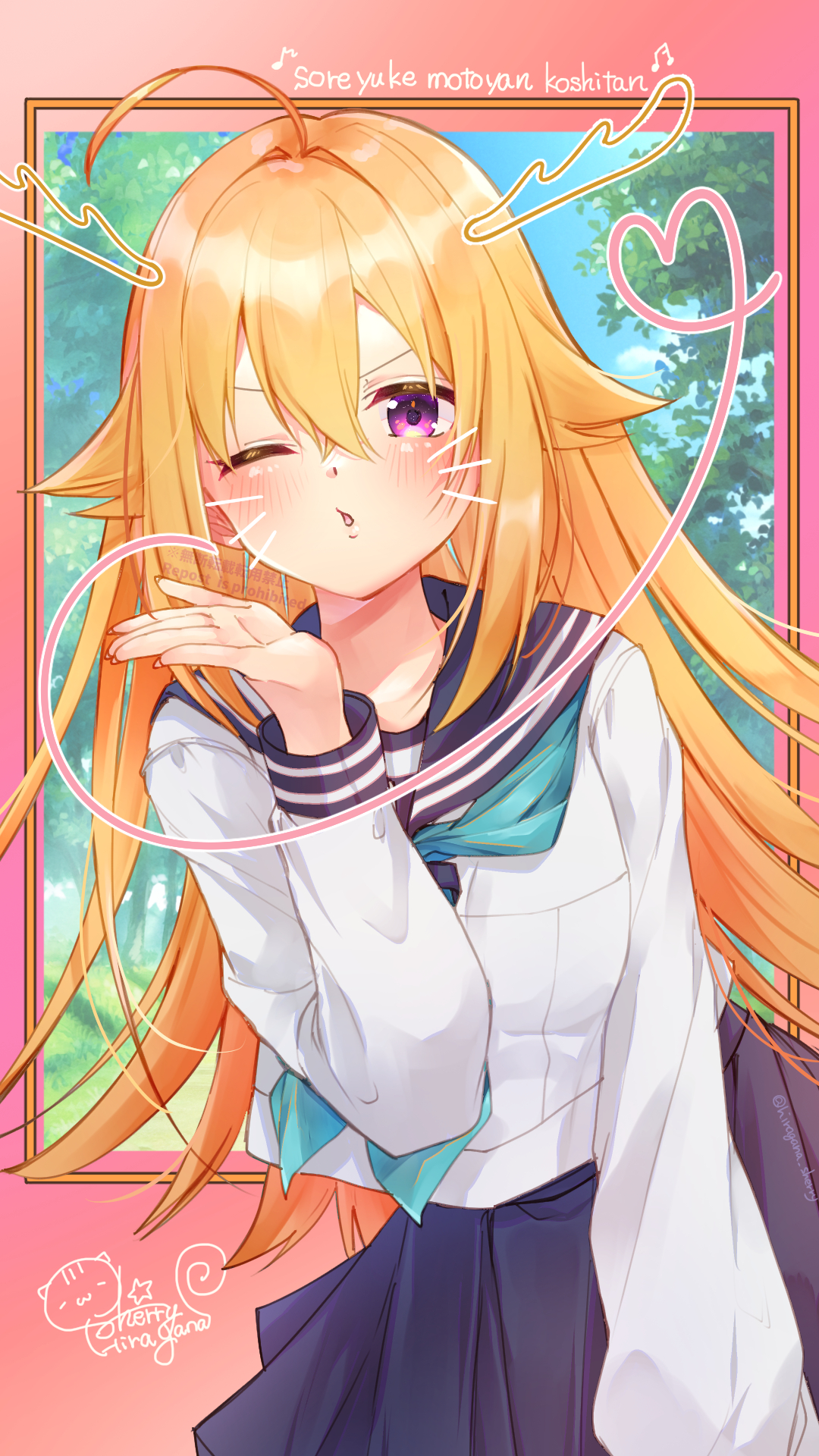1girl ;o aqua_neckerchief blonde_hair blue_skirt blush hair_between_eyes highres hino_minami_high_school_uniform hiragana_sherry koshi_torako long_hair long_sleeves neckerchief one_eye_closed open_mouth purple_eyes school_uniform serafuku shikanoko_nokonoko_koshitantan shirt skirt solo white_serafuku white_shirt