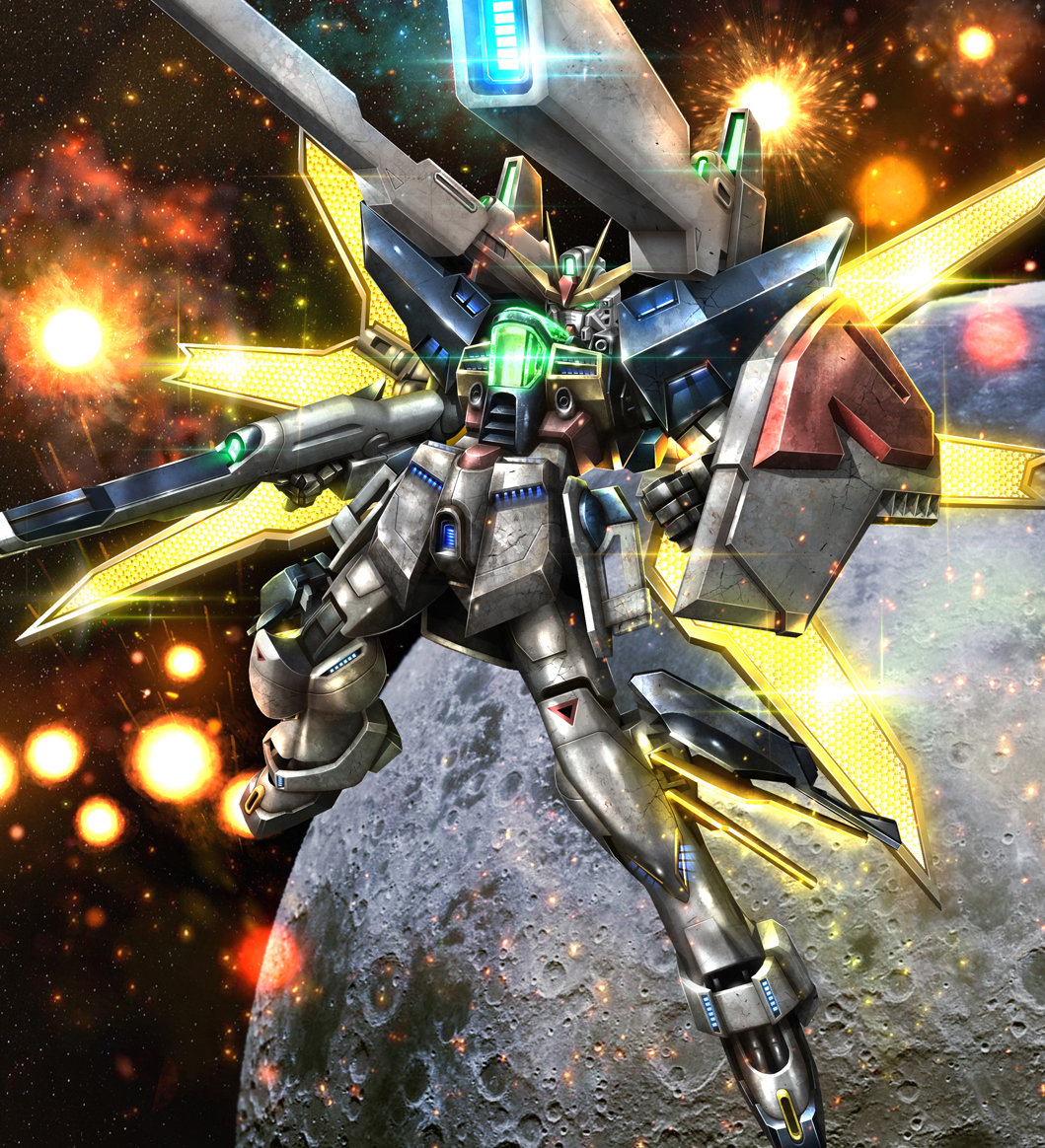 after_war_gundam_x battle beam_cannon beam_rifle commentary energy_gun explosion glowing glowing_eyes green_eyes gun gundam gundam_double_x hiropon_(tasogare_no_puu) holding holding_gun holding_weapon mecha mobile_suit moon no_humans photo_background robot satellite_cannon science_fiction shield space v-fin weapon