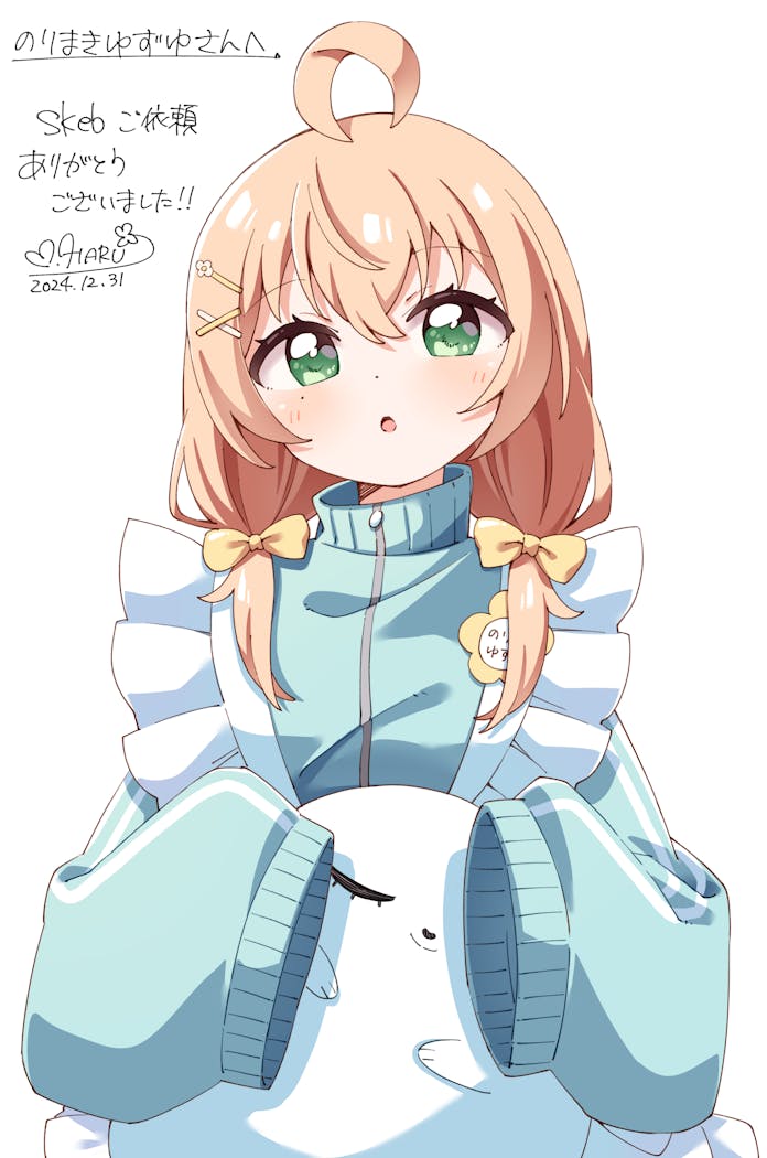 1girl :o ahoge apron blush bow commentary_request commission commissioner_name dated dot_nose green_jacket hair_bow hair_ornament haru_(konomi_150) indie_virtual_youtuber jacket long_sleeves looking_at_viewer medium_hair name_tag norimaki_yuzuyu open_mouth orange_hair short_twintails signature simple_background skeb_commission sleeves_past_fingers sleeves_past_wrists solo track_jacket twintails upper_body virtual_youtuber white_apron white_background x_hair_ornament yellow_bow