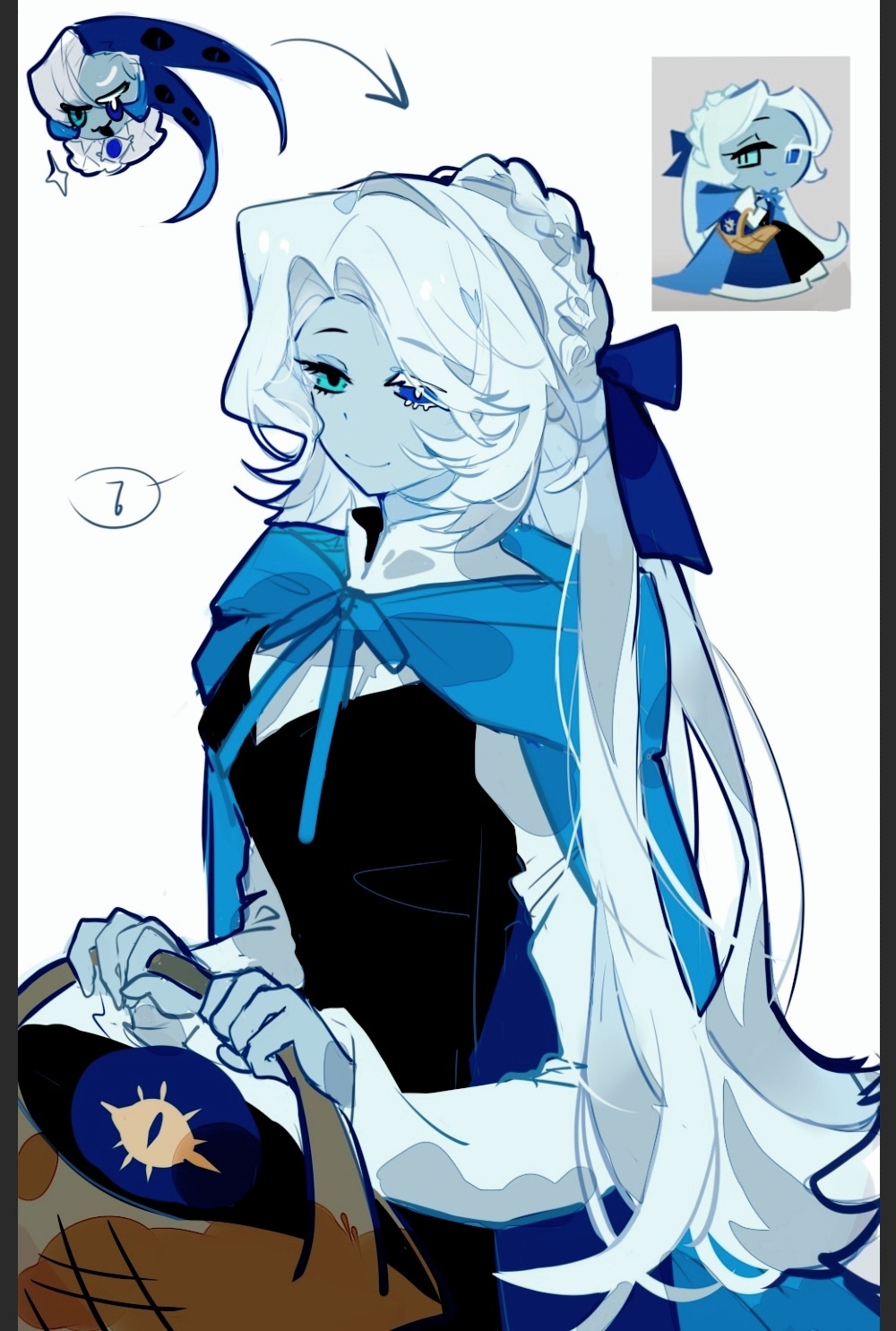 1girl aislan aqua_sclera basket blue_bow blue_cape bow cape closed_mouth colored_sclera commentary cookie_run cookie_run:_kingdom hair_bow hashtag-only_commentary highres holding holding_basket humanization long_hair mismatched_pupils parted_bangs shadow_milk_cookie shadow_milk_cookie_(female) simple_background smile solo very_long_hair white_background white_hair