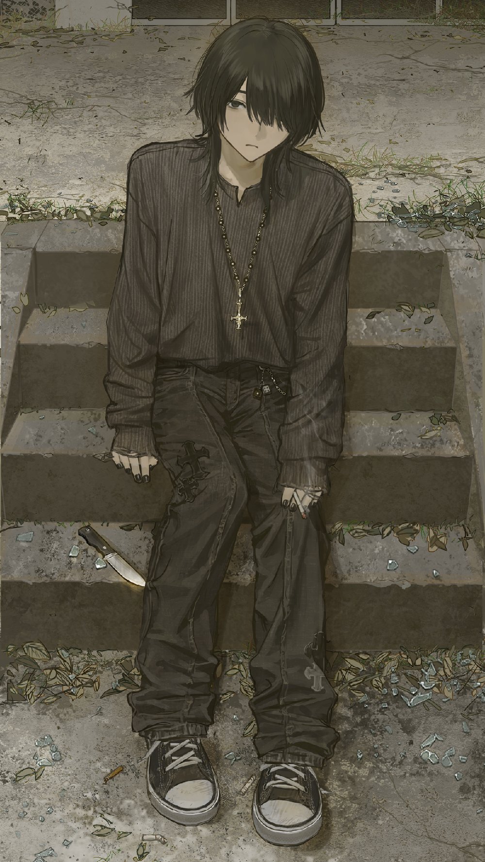 1boy black_eyes black_nails black_pants black_shoes cigarette closed_mouth concrete cross full_body glass_shards grey_sweater hair_over_one_eye highres hirota_tsuu holding holding_cigarette inverted_cross inverted_cross_necklace knife leaf long_bangs long_sleeves looking_at_viewer male_focus medium_hair original pants shoes sleeves_past_wrists solo stairs sweater weeds