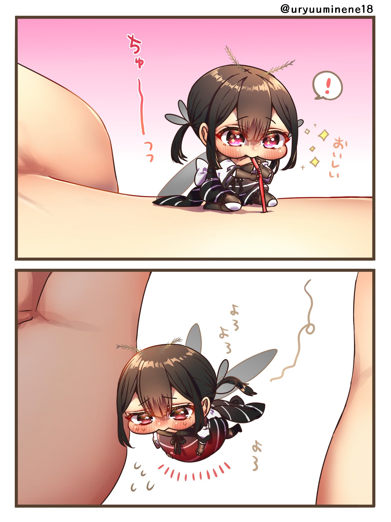 ! 1girl 1other 2koma arthropod_girl big_belly black_dress black_hair blood blush bug chibi comic commentary_request dress drinking_blood drinking_straw flying_sweatdrops harumina_mau highres insect mini_person minigirl mosquito mosquito_girl notice_lines original personification pink_eyes size_difference sparkle speech_bubble spoken_exclamation_mark translation_request twintails twitter_username wings