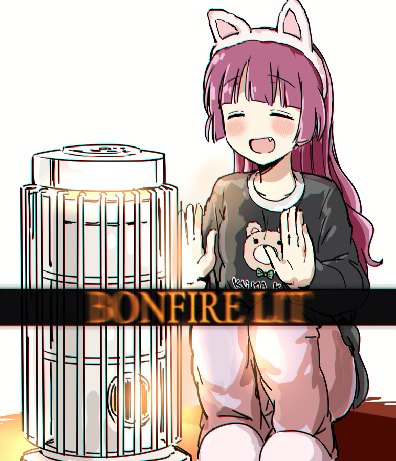 1girl alternate_hairstyle animal_ear_hairband animal_ears black_shirt blunt_bangs blush bocchi_the_rock! bonfire_(dark_souls) cat_ear_hairband cat_ears dark_souls_(series) fake_animal_ears fang hairband heater hiroi_kikuri kerosene_heater long_hair pajamas pink_pajamas print_shirt red_hair shirt slippers smile torako_(toramaru) warming_hands