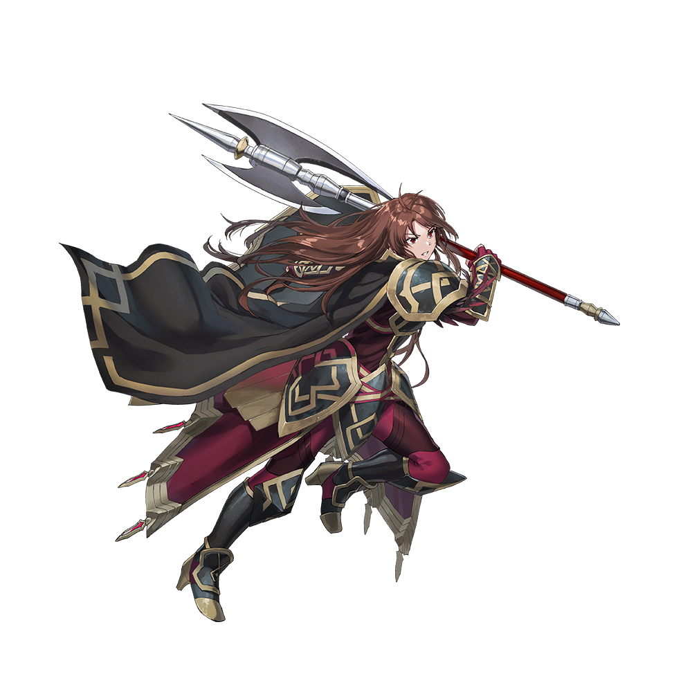 1girl armor attack axe battle_axe black_cape brown_eyes brown_hair cape clenched_teeth dai-xt fingerless_gloves fire_emblem fire_emblem:_mystery_of_the_emblem fire_emblem_heroes gloves holding holding_axe holding_shield long_hair lunge nintendo official_alternate_costume official_art red_cape red_gloves sheena_(fire_emblem) sheena_(resplendent)_(fire_emblem) shield solo teeth v-shaped_eyebrows weapon