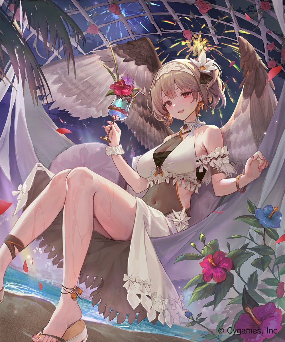 1girl anklet arch armlet bare_shoulders beach bikini black_bikini black_ribbon blue_flower blush bow breasts cleavage collar commentary_request company_name cup curvy detached_collar earrings falling_petals fireworks fishnets flip-flops floral_arch flower flower_ornament foliage freyja_(shadowverse) frilled_wristband from_below hair_flower hair_ornament hair_ribbon hammock highres holding holding_cup horizon jewelry large_breasts looking_at_viewer navel night ocean official_art outdoors palm_leaf petals rainbow red_flower ribbon rwael sandals sarong shadowverse shirt sitting smile solo summer swimsuit thick_thighs thighs watermark white_bow white_collar white_flower white_shirt