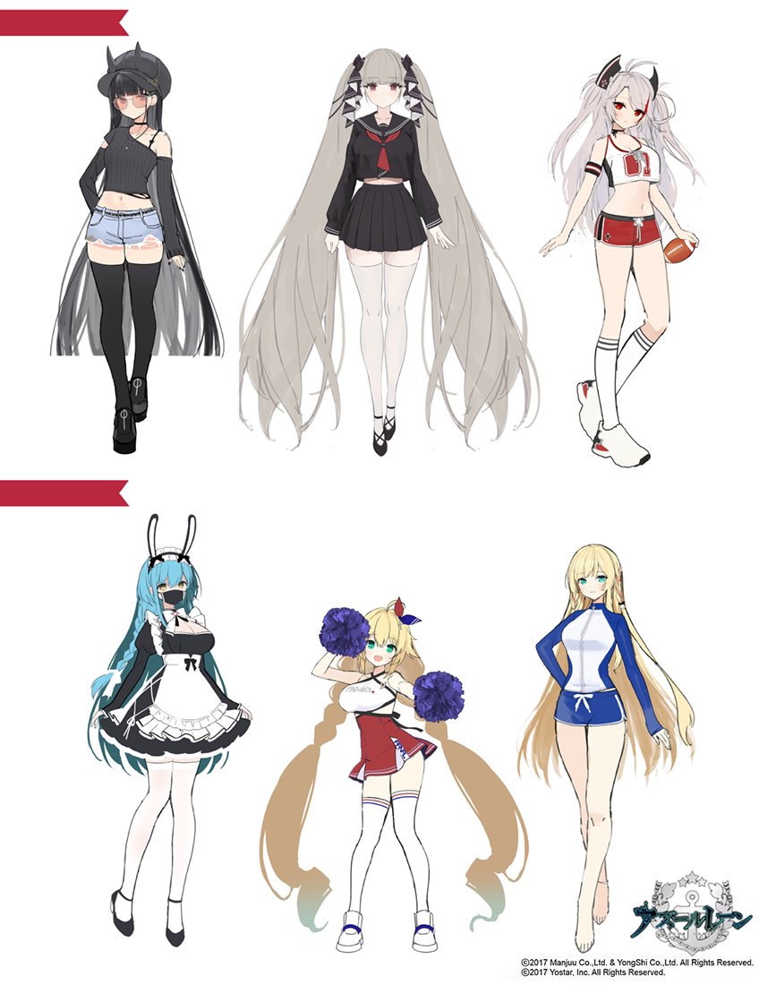 6+girls absurdly_long_hair animal_ears apron aqua_hair arm_up azur_lane black_choker black_footwear black_hair black_hat black_ribbon black_sailor_collar black_serafuku black_skirt black_sleeves black_sweater black_thighhighs blonde_hair blue_eyes blue_shorts boise_(azur_lane) boise_(flawed_but_delectable)_(azur_lane) boots bow bowtie breasts byulzzi casual cheering cheerleader choker cleavage concept_art crop_top cropped_sweater denim denim_shorts dress fake_animal_ears formidable_(azur_lane) formidable_(the_lover&#039;s_heart_flutters_on_duty)_(azur_lane) frilled_apron frills full_body green_eyes grey_hair hair_between_eyes hair_ribbon hand_on_own_hip hat headgear high-waist_skirt horned_hat juliet_sleeves kongou_(azur_lane) kongou_(troubled_seas)_(azur_lane) large_breasts le_temeraire_(azur_lane) le_temeraire_(cheering_star)_(azur_lane) long_hair long_sleeves looking_at_viewer maid maid_apron maid_headdress mask medium_breasts microskirt midriff midriff_peek mouth_mask multicolored_hair multiple_girls noshiro_(azur_lane) noshiro_(dressed-up_date)_(azur_lane) official_alternate_costume peaked_cap pink-tinted_eyewear prinz_eugen_(azur_lane) prinz_eugen_(brilliant_touchdown)_(azur_lane) puffy_sleeves red_eyes red_hair red_shorts red_skirt ribbon sailor_collar school_uniform serafuku shirt shoes shorts simple_background single_bare_shoulder skirt sleeveless sneakers socks sportswear standing streaked_hair sweater thighhighs tinted_eyewear twintails two-tone_dress two-tone_hair very_long_hair white_background white_bow white_bowtie white_footwear white_ribbon white_shirt white_shoes white_socks white_thighhighs yellow_eyes zettai_ryouiki