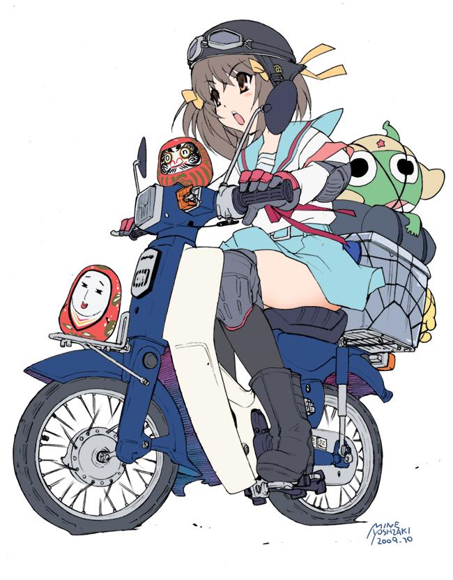 biker daruma_doll helmet keroro keroro_gunsou school_uniform short_hair suzumiya_haruhi suzumiya_haruhi_no_yuuutsu yoshizaki_mine