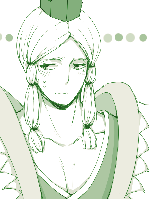 0aoiurn0 1boy :s blush flustered green_theme japanese_clothes looking_down male_focus mole mole_under_eye monochrome pectorals portrait sen_no_rikyuu_(sengoku_basara) sengoku_basara short_hair sidelocks simple_background solo sweatdrop white_background