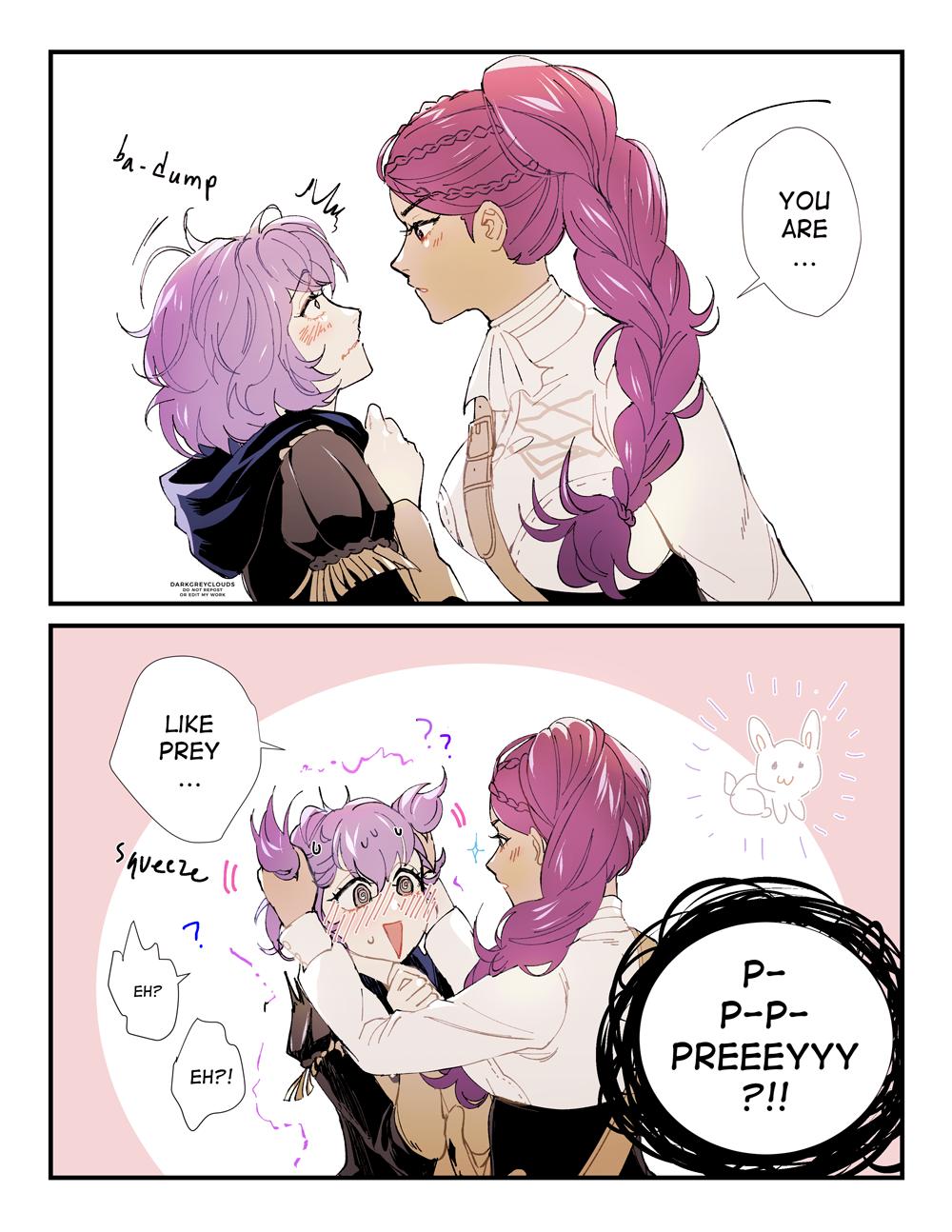 2girls @_@ bernadetta_von_varley blush braid braided_ponytail closed_mouth comic dark-skinned_female dark_skin darkgreyclouds english_text fire_emblem fire_emblem:_three_houses from_side garreg_mach_monastery_uniform highres hood hood_down long_hair long_sleeves multiple_girls nintendo open_mouth petra_macneary ponytail purple_hair rabbit short_hair wavy_mouth