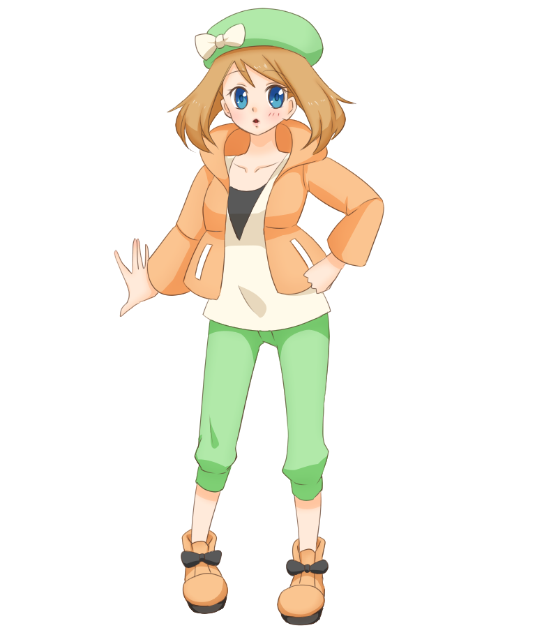 1girl bag bianca_(pokemon) bianca_(pokemon)_(cosplay) blue_eyes blush bow brown_hair closed_mouth copyright_name cosplay green_hat green_pants hand_on_own_hip hat hat_bow long_sleeves looking_at_viewer may_(pokemon) medium_hair mikeko_(neko19920311) nintendo pants pokemon pokemon_(anime) pokemon_bw2 pokemon_rse_(anime) shoulder_bag solo white_bow