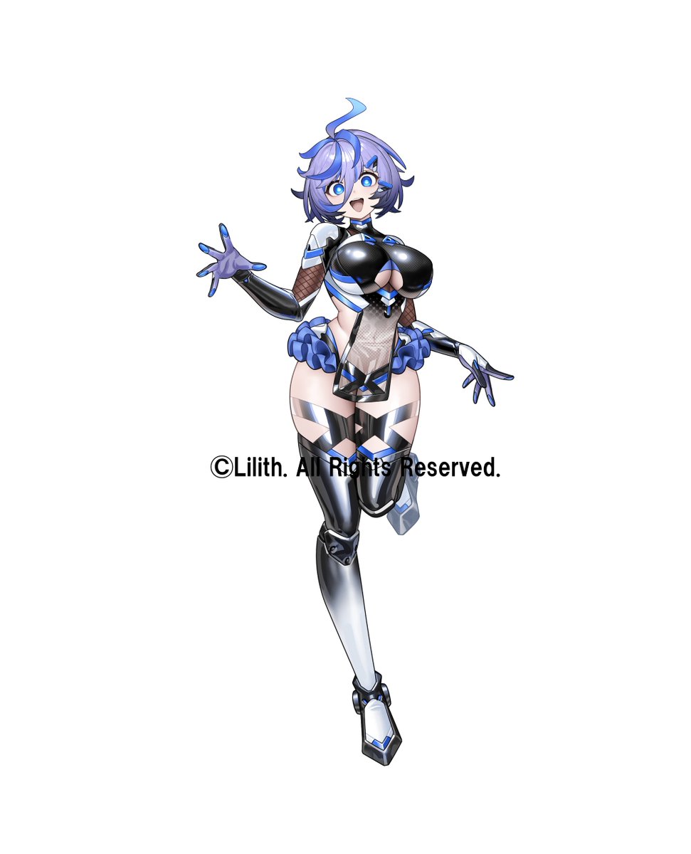 1girl breasts cleavage_cutout clothing_cutout copyright_name curvy full_body grabbing_own_breast highres impossible_clothes jumping large_breasts lilith-soft long_hair looking_at_viewer medium_hair mogami_tsukumo multicolored_hair namaniku_atk open_mouth revealing_clothes shiny_clothes shiny_skin taimanin_(series) taimanin_rpgx two-tone_hair white_background wide_hips
