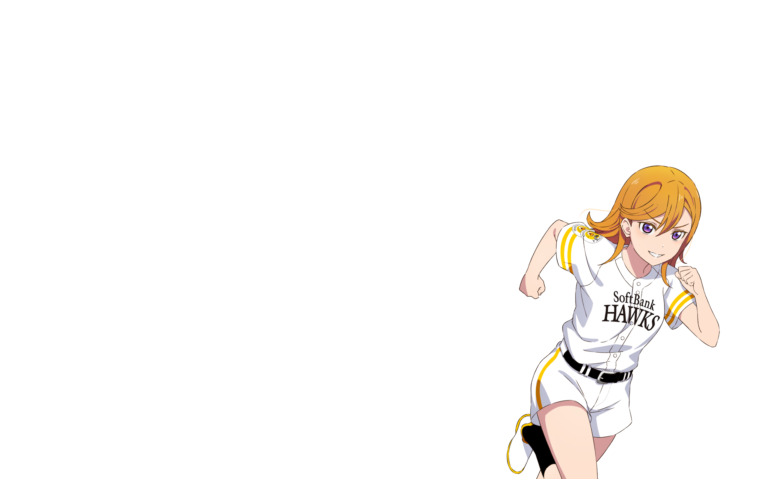 1girl anime_coloring baseball baseball_uniform belt belt_buckle black_belt black_socks buckle clenched_hands cowboy_shot fukuoka_softbank_hawks grin highres leg_up long_hair love_live! love_live!_superstar!! negative_space nippon_professional_baseball official_art orange_hair outline purple_eyes running serious shibuya_kanon shirt shoes short_sleeves shorts smile socks solo sportswear teeth transparent_background v-shaped_eyebrows white_outline white_shirt white_shoes white_shorts