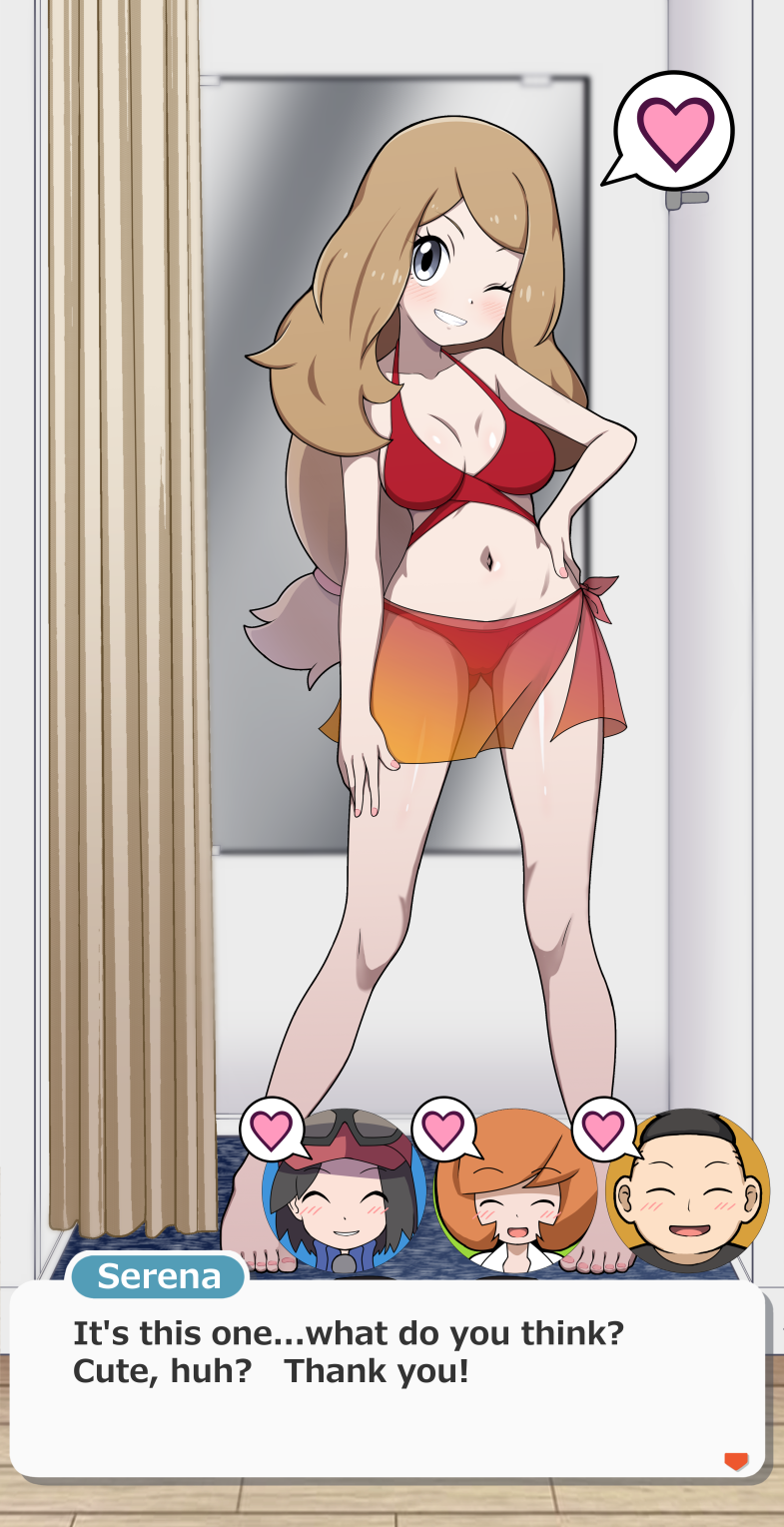 1girl ;d barefoot bikini blonde_hair breasts breasts_apart calem_(pokemon) character_name commentary_request commission dialogue_box english_text fitting_room full_body grey_eyes grin hand_on_own_hip heart highres indoors kohatsuka long_hair looking_at_viewer medium_breasts nail_polish navel nintendo no_headwear one_eye_closed open_mouth pixiv_commission pokemon pokemon_xy red_bikini sarong see-through_clothes see-through_sarong serena_(pokemon) smile solo spoken_heart standing stomach swimsuit tierno_(pokemon) trevor_(pokemon)