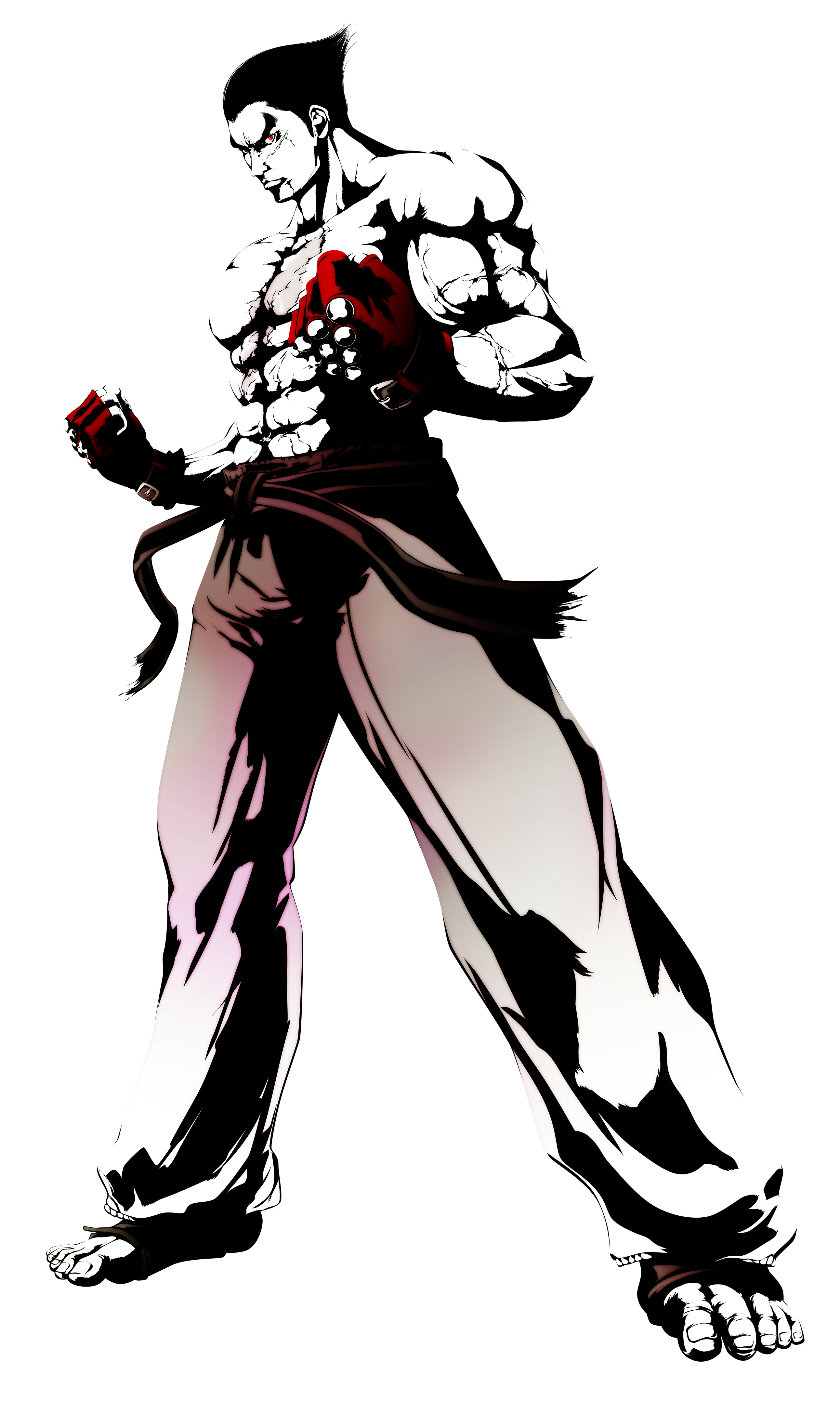 1boy abs absurdres fingerless_gloves frown fujisawa_tomio gloves heterochromia highres looking_at_viewer male_focus martial_arts_belt mishima_kazuya muscular muscular_male non-web_source red_eyes red_gloves scar scar_on_chest scar_on_face simple_background solo spot_color studded_gloves tekken tekken_tag_tournament_2 topless_male white_background
