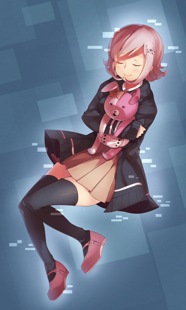 1girl black_jacket black_thighhighs brown_hair closed_eyes closed_mouth danganronpa_(series) danganronpa_2:_goodbye_despair flipped_hair green_background hugging_doll hugging_object jacket long_sleeves miniskirt monomi_(danganronpa) nanami_chiaki open_clothes open_jacket pink_shoes pleated_skirt sharlorc shoes short_hair skirt sleeves_past_wrists smile spaceship_hair_ornament thighhighs zettai_ryouiki