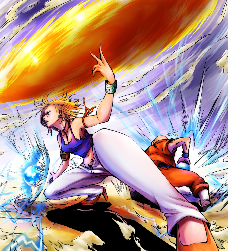 1boy 1girl android_18 bald bald_male blonde_hair cloud cloudy_sky couple dragon_ball fighting_stance husband_and_wife kamehameha_(dragon_ball) ki_blast kienzan kuririn powering_up serious sky