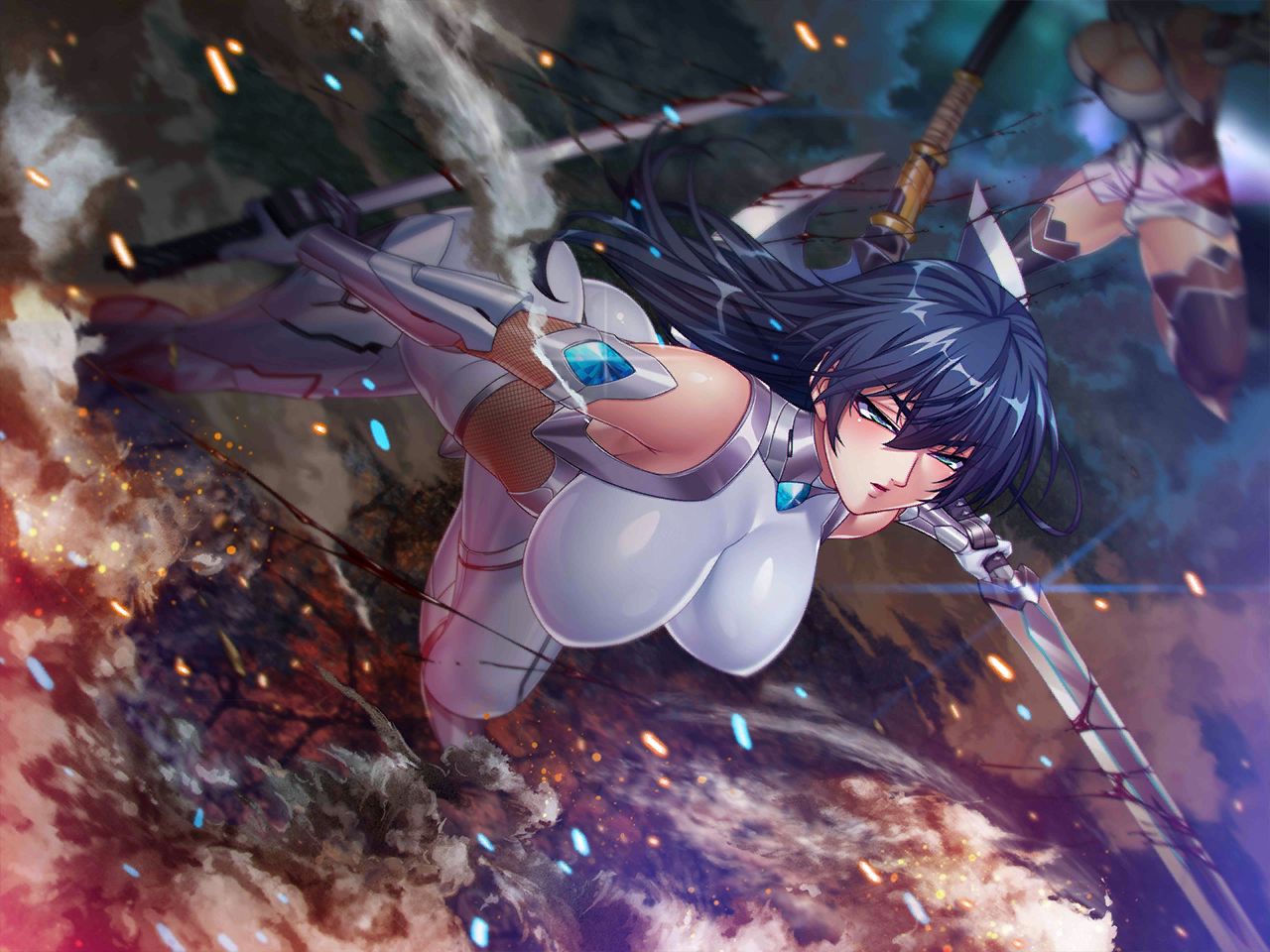 2girls action_taimanin ass axe bare_shoulders battle_axe blue_hair bodysuit boots breasts city curvy game_cg holding holding_weapon huge_ass igawa_asagi jumping kagami_hirotaka katana large_breasts lilith-soft long_hair looking_away multiple_girls serious shiny_skin sky sword taimanin_(series) taimanin_asagi team weapon yatsu_murasaki