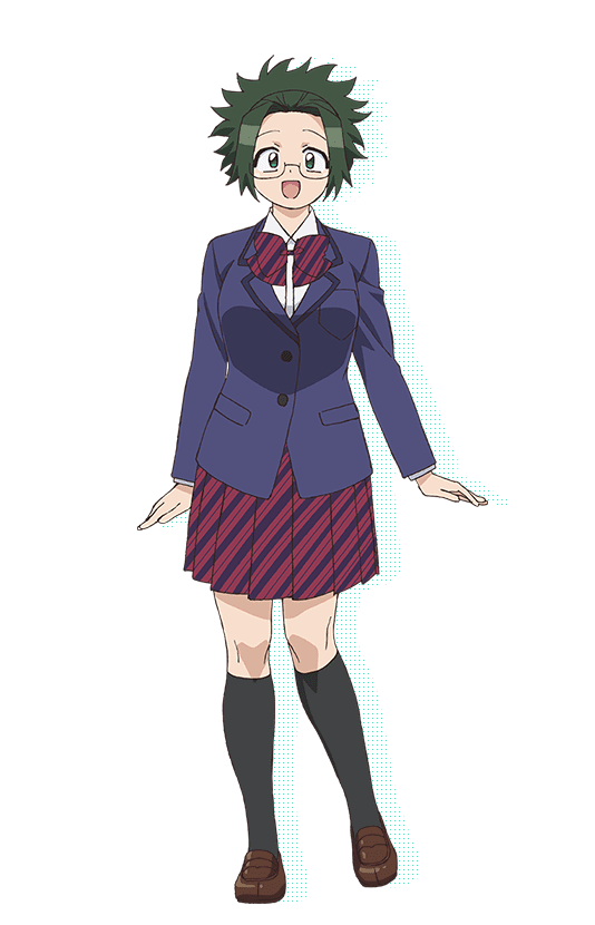 1girl :d agari_himiko black_socks blue_jacket bow bowtie brown_shoes collared_shirt diagonal-striped_bow diagonal-striped_bowtie diagonal-striped_clothes diagonal-striped_skirt drop_shadow full_body glasses green_eyes green_hair itan_private_high_school_uniform jacket kneehighs komi-san_wa_komyushou_desu loafers long_sleeves looking_at_viewer miniskirt nakajima_atsuko official_art open_mouth pleated_skirt ponytail red_bow red_bowtie red_skirt round_eyewear school_uniform semi-rimless_eyewear shirt shoes skirt smile socks solo standing striped_clothes transparent_background under-rim_eyewear white_shirt