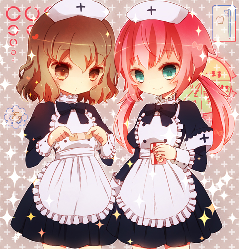2boys apron aqua_eyes bad_id bad_pixiv_id bandaid brown_eyes brown_hair crossdressing crossdressing_(mtf) dress hat inazuma_eleven_(series) inazuma_eleven_go kirino_ranmaru lowres male_focus multiple_boys nurse_cap pink_hair shindou_takuto smile toothbrush trap twintails yoshida_(nono_ko)