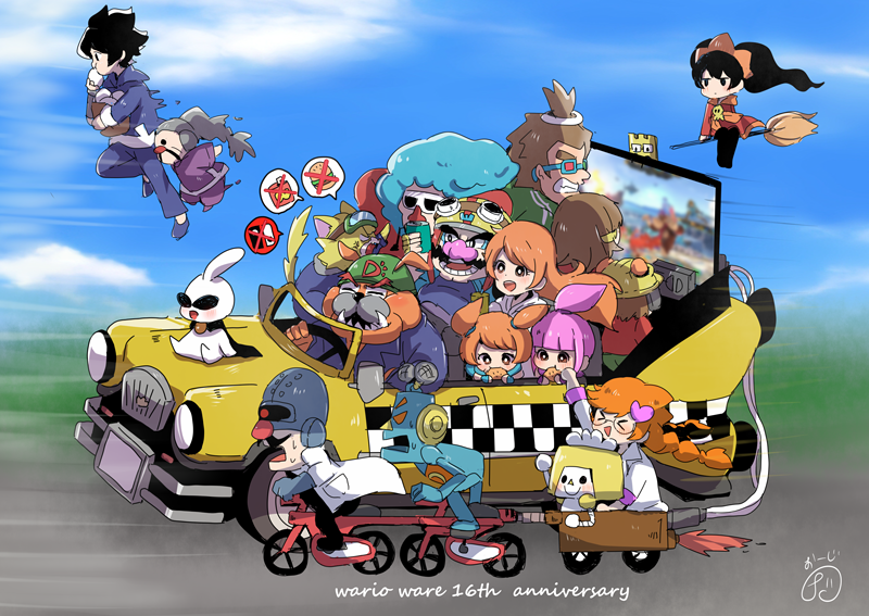 18-volt 5-volt 6+boys 6+girls 9-volt afro alien ana_(warioware) anniversary ashley_(warioware) bicycle black_eyes black_hair blue_hair blush body_fur bright_pupils broom brown_hair can cat_boy closed_eyes cloud colored_skin commentary_request dr._crygor dribble_(warioware) driving eating english_text fronk grey_hair herunia_kokuoji heterochromatic_eyewear holding holding_can jimmy_t jitome kat_(warioware) master_mantis mike_(warioware) mona_(warioware) mother_and_son motion_lines multiple_boys multiple_girls nintendo open_mouth orange_hair orbulon penny_crygor pink_hair red_(warioware) red_nose riding riding_bicycle siblings signature sisters sitting sky spitz spoken_food sweat taxi television tinted_eyewear twins wario warioware white_pupils white_skin yellow_fur young_cricket