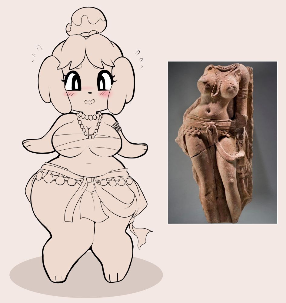 1girl ancient_indian_clothes armlet blush fine_art_parody indian_clothes isabelle_(animal_crossing) jewelry knees_together_feet_apart meme navel necklace oni_punch parody pearl_necklace photo_inset reference_inset sculpture simple_background wide_hips yakshi_statue_(meme)