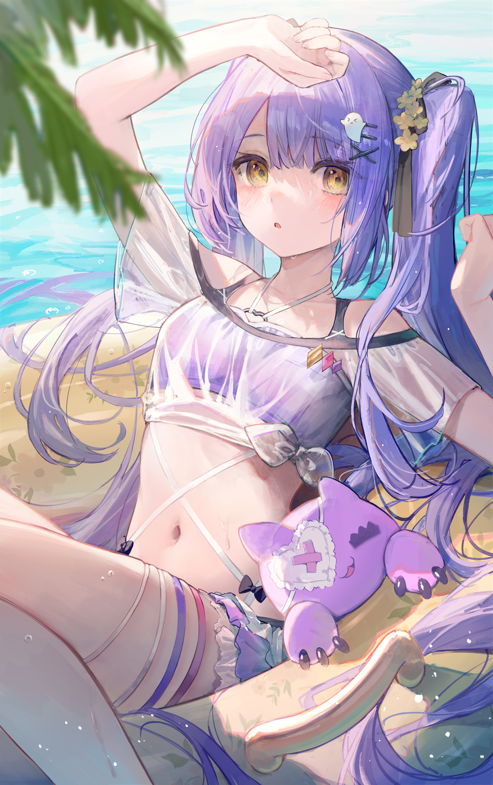 1girl :o arl arm_up bare_shoulders beach bikini blue_sky blurry blurry_foreground blush bow collarbone cross_hair_ornament flower frills ghost_hair_ornament hair_flower hair_ornament halterneck handlebar highres inflatable_raft jewelry long_hair looking_at_viewer ocean outdoors palm_tree pink_straps purple_bikini purple_hair purple_straps see-through_clothes see-through_shirt shinomiya_runa shirt shirt_bow side_ponytail sitting sky solo stomach swimsuit thigh_strap tree very_long_hair virtual_youtuber vspo! white_straps yellow_eyes yellow_flower