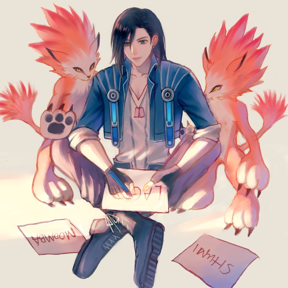 1boy animal black_footwear black_gloves black_hair blue_jacket boots brown_pants character_name claws collared_jacket commentary cropped_jacket crossed_legs dog_tags earrings faniod final_fantasy final_fantasy_viii fingerless_gloves full_body gloves green_eyes high_collar holding holding_paper holding_pen hoop_earrings jacket jewelry lace-up_boots laguna_loire long_hair male_focus moomba necklace on_floor open_clothes open_jacket pants paper pawpads pen red_fur shirt sitting sleeves_rolled_up standing v-neck white_shirt writing yellow_eyes