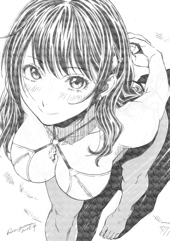 1girl artist_name bent_over bikini blush breasts cleavage collarbone dated dead_or_alive dead_or_alive_xtreme dead_or_alive_xtreme_venus_vacation earrings greyscale hair_ornament hairclip hiragoma jewelry long_hair looking_at_viewer looking_up monochrome nanami_(doa) o-ring simple_background sketch smile solo swimsuit white_background zipper