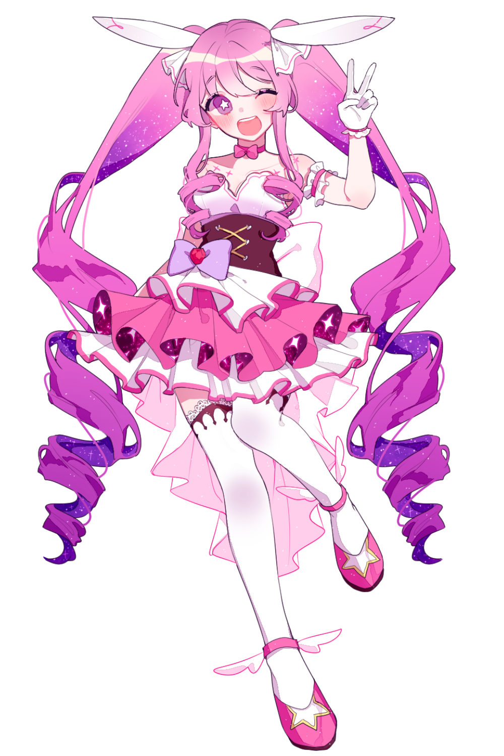 1girl aisha_landar bare_shoulders bow bow_choker bright_pupils choker corset dress drill_hair elsword full_body gloves hair_ribbon highres layered_dress long_hair magical_girl metamorphy_(elsword) one_eye_closed open_mouth patzzi pink_choker pink_dress pink_shoes purple_eyes purple_hair ribbon shoes simple_background smile solo teeth thighhighs twintails upper_teeth_only v very_long_hair white_background white_dress white_gloves white_pupils white_ribbon white_thighhighs