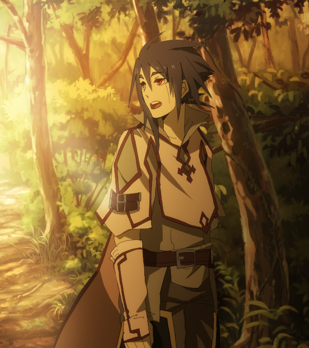 1boy belt black_hair brown_belt brown_shirt bush dappled_sunlight dirt_road dress_shirt elbow_gloves evening facing_to_the_side forest gloves grey_pants gurast leaf looking_to_the_side male_focus nature original outdoors pants popped_collar red_eyes red_trim road shirt smile sunlight tree tunic white_gloves white_tunic