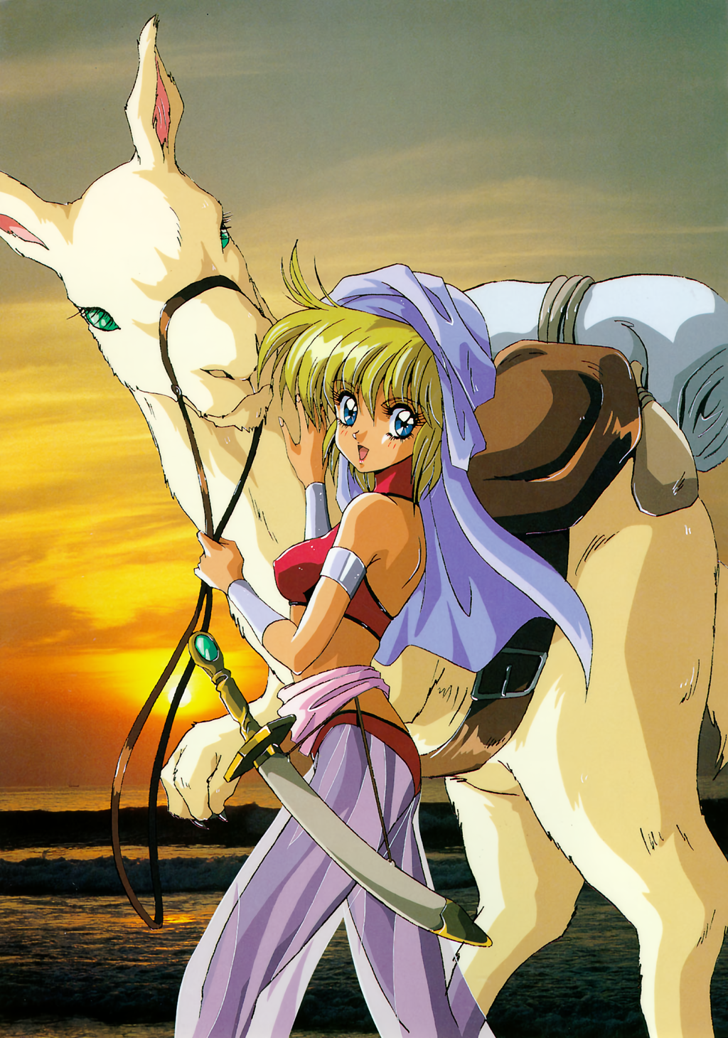 1girl bare_shoulders blonde_hair blue_eyes bracelet breasts camel candy_(art_book) eyelashes from_side harem_outfit harem_pants highres jewelry looking_at_viewer medium_breasts midriff mon_mon non-web_source open_mouth original outdoors pack_animal pants photo_background reins retro_artstyle scimitar see-through_clothes short_hair sky smile solo sunset sword tan turban weapon