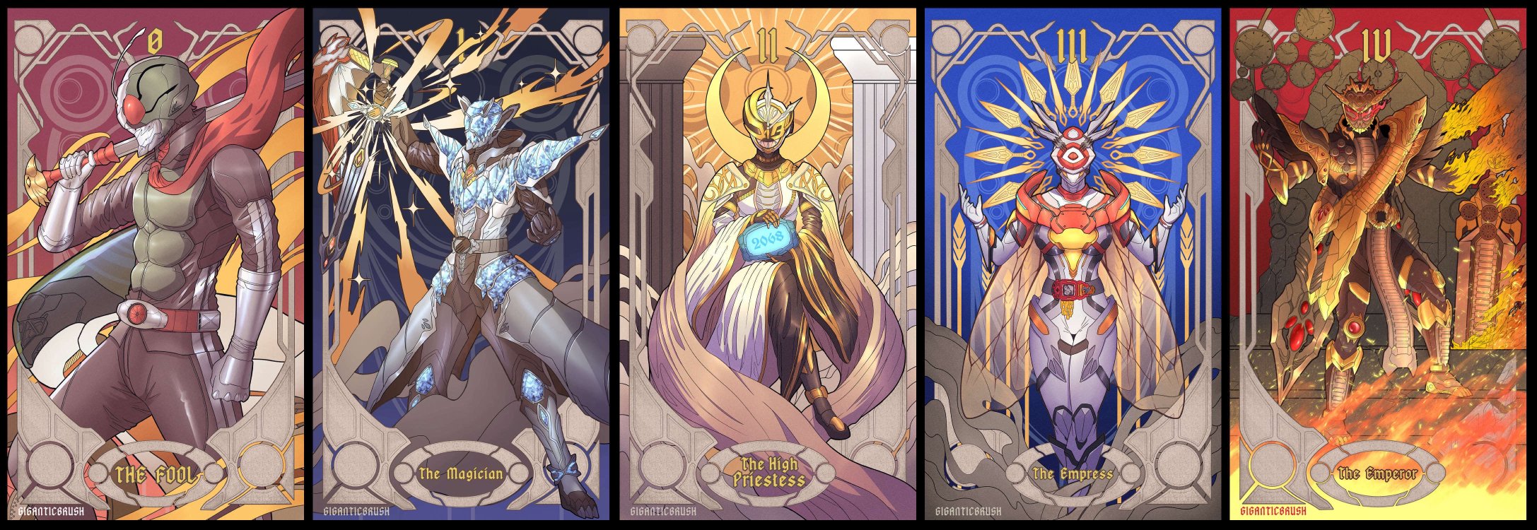 2068 2girls 3boys antennae apocalypse armor asymmetrical_armor axcalibur axe belt black_armor black_bodysuit black_boots black_gloves bodysuit boots breastplate breasts bug cape card card_(medium) clock clock_hands commentary compound_eyes cowboy_shot dress english_commentary english_text gears giganticbrush gloves glowing gold_armor gold_gloves gold_trim grasshopper green_armor green_helmet helmet highres holding holding_sword holding_weapon honeycomb_(pattern) horns insect jewelry kamen_rider kamen_rider_(1st_series) kamen_rider_1 kamen_rider_aguilera kamen_rider_revice kamen_rider_tsukuyomi kamen_rider_wizard kamen_rider_wizard_(infinity_style) kamen_rider_wizard_(series) kamen_rider_zi-o_(series) looking_at_viewer magic_circle male_focus mask multiple_boys multiple_girls ohma_zi-o ohma_zi-o_driver open_hands pun queen_bee queen_bee_genome red_eyes red_scarf revision rider_belt ring sash scarf shoulder_armor shoulder_sash silver_gloves sitting solo standing sword tailcoat tarot tarot_(medium) tarot_card the_emperor_(tarot) the_empress_(tarot) the_fool_(tarot) the_high_priestess_(tarot) the_magician_(tarot) tokusatsu typhoon_(kamen_rider) vistamp weapon weekendriver white_armor white_bodysuit wizard_ring wizardriver yellow_eyes