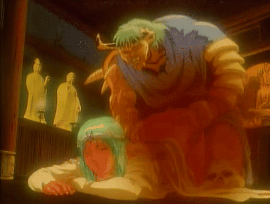 1990s_(style) 1992 1boy 1girl alecto_(urotsukidouji) animated animated_gif blue_eyes buju_(urotsukidouji) censored circlet closed_eyes dark-skinned_female dark_skin doggystyle dress fangs green_hair half-demon halter_dress halterneck hetero horns jewelry long_hair lowres muscular muscular_male necklace rape retro_artstyle scar sex sex_from_behind sidelocks tagme urotsukidouji warrior