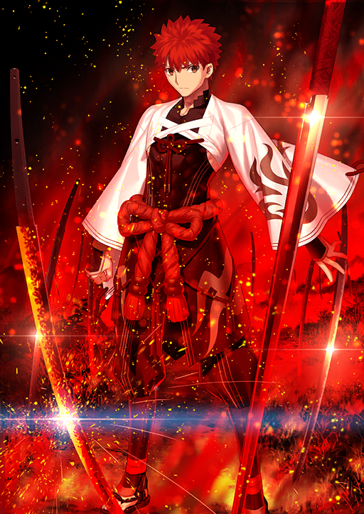 1boy arm_at_side armor black_pants black_sandals black_shirt brown_eyes chinese_knot clenched_hand closed_mouth emiya_shirou expressionless fate/grand_order fate_(series) fiery_background fire foot_out_of_frame game_cg high_collar japanese_armor japanese_clothes kote kurokote legs_apart long_sleeves looking_to_the_side male_focus nagatekkou no_socks official_art pants planted planted_sword planted_weapon puffy_pants red_hair red_theme rope_belt sandals senji_muramasa_(fate) senji_muramasa_(second_ascension)_(fate) shirt short_hair solo sparks spiked_hair standing sword takeuchi_takashi tassel third-party_source toes toned toned_male variant_set weapon wide_sleeves