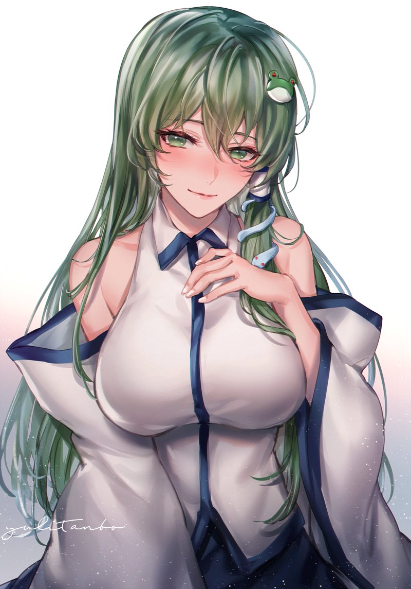 1girl bare_shoulders blue_skirt blush breasts closed_mouth detached_sleeves frog_hair_ornament green_eyes green_hair hair_between_eyes hair_ornament hair_tubes japanese_clothes kochiya_sanae large_breasts long_hair nontraditional_miko signature skirt smile snake_hair_ornament solo touhou upper_body white_sleeves wide_sleeves yuli_(yulipo)
